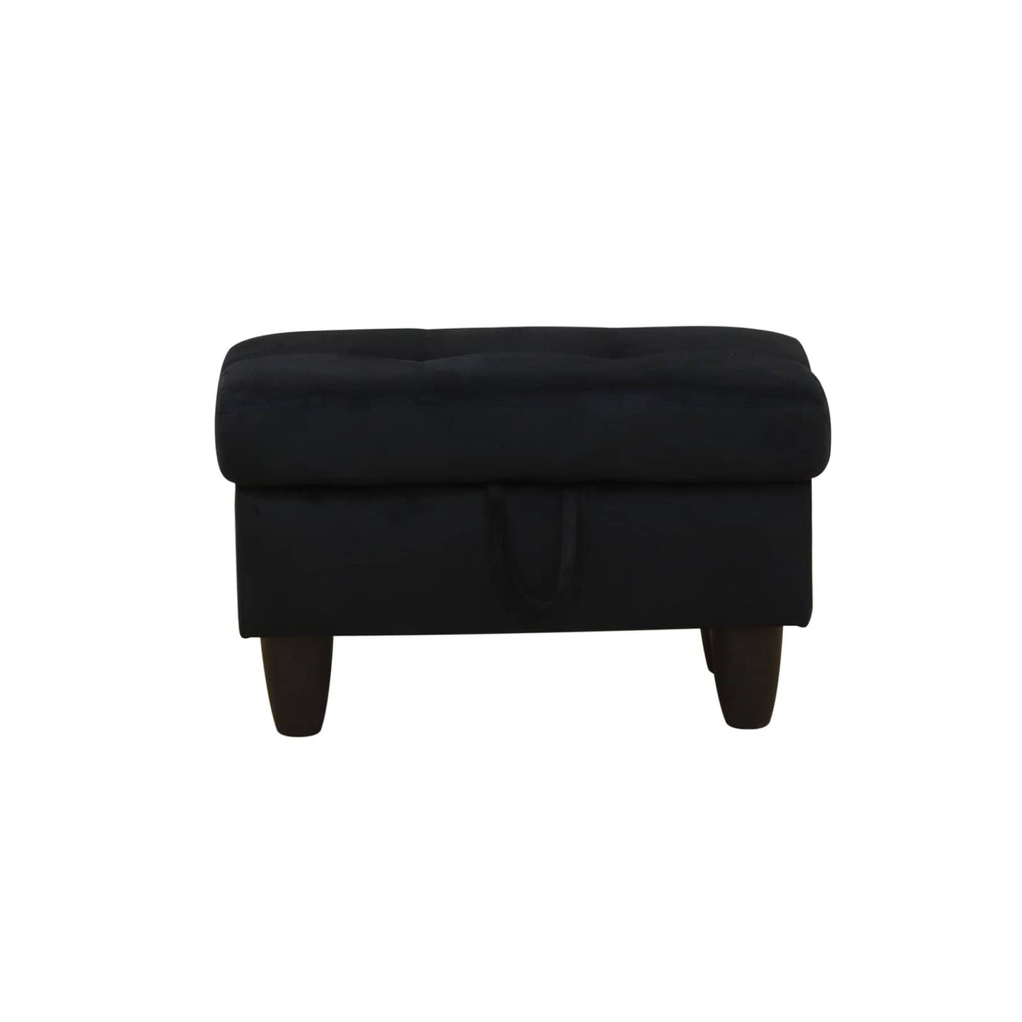 Black velvet storage ottoman with buttontufted top and tapered wooden legs