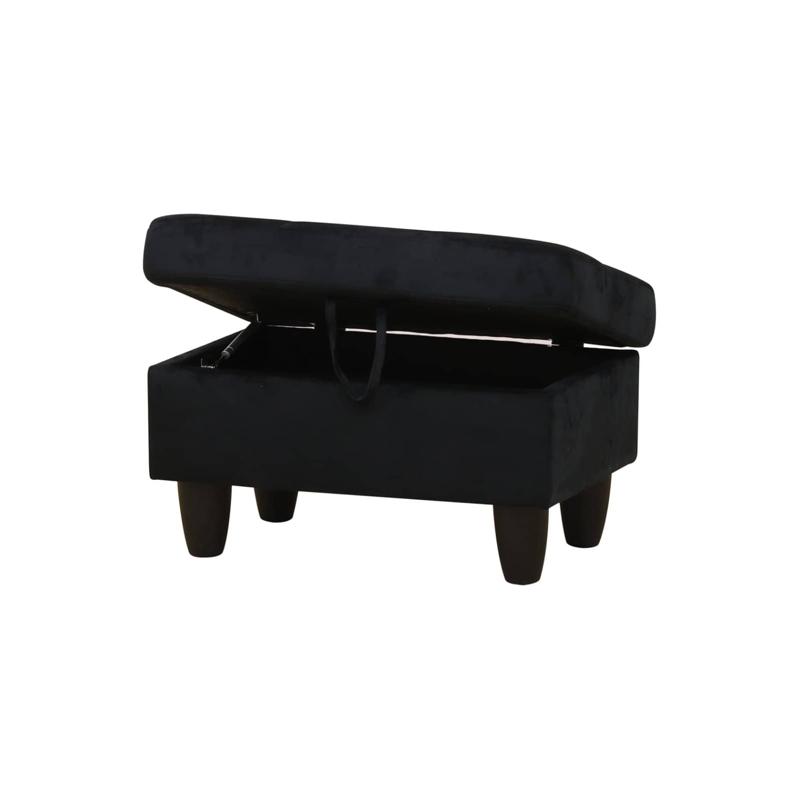 Black velvet storage ottoman with hinged lid and dark wood legs
