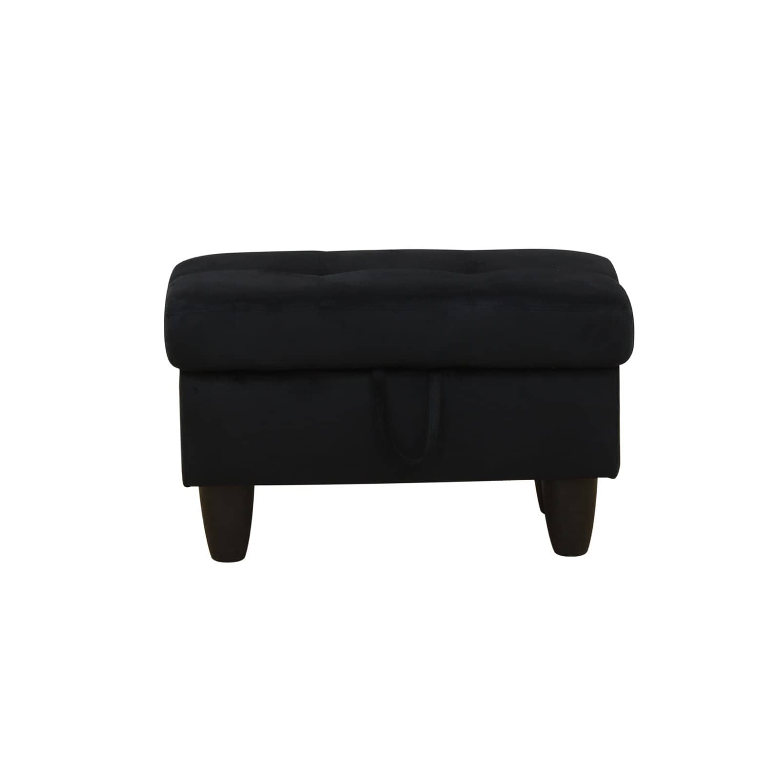 Black velvet storage ottoman with tufted top and wooden legs