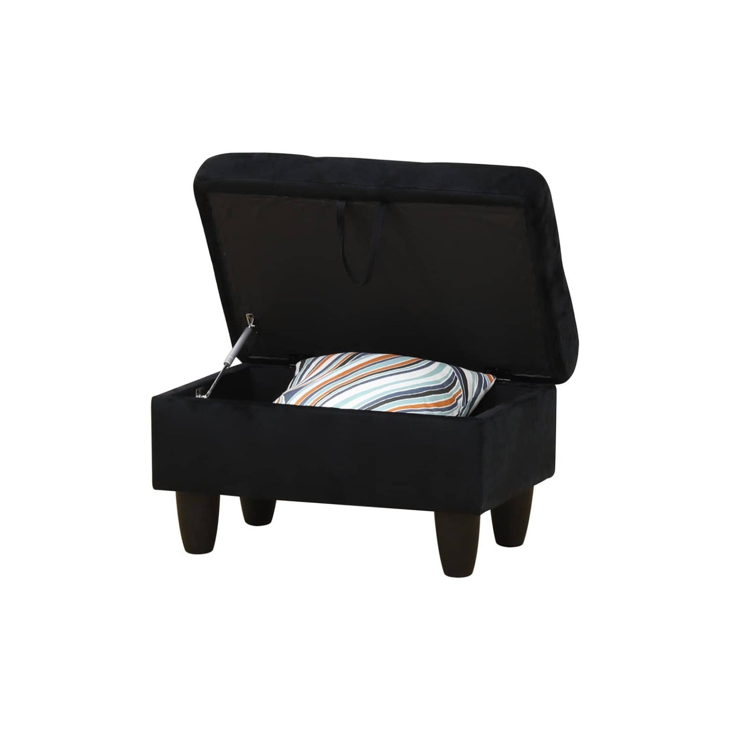 Black velvet storage ottoman with lid open revealing striped pillow
