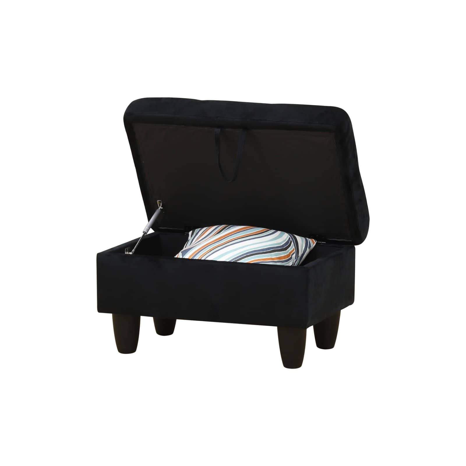 Black velvet storage ottoman with lid open revealing striped pillow