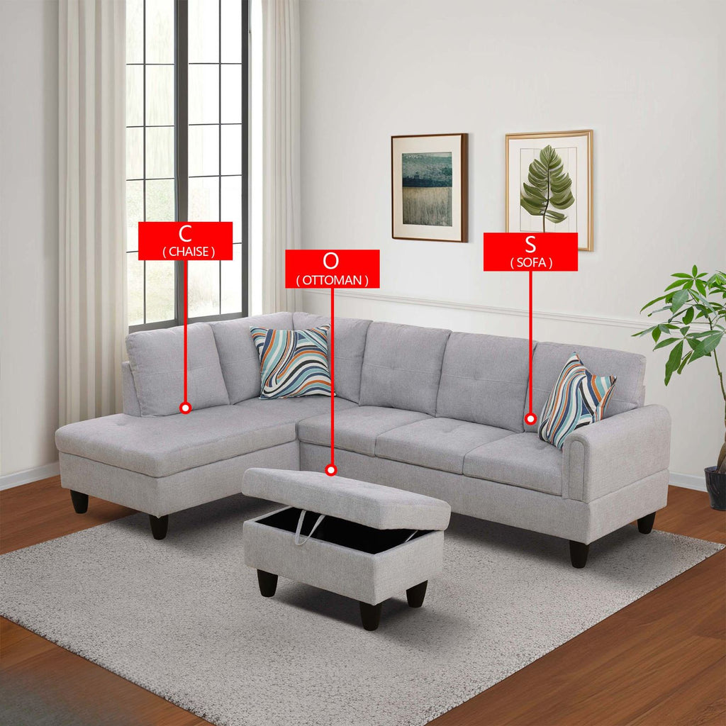 Light grey fabric sectional sofa with chaise and ottoman
