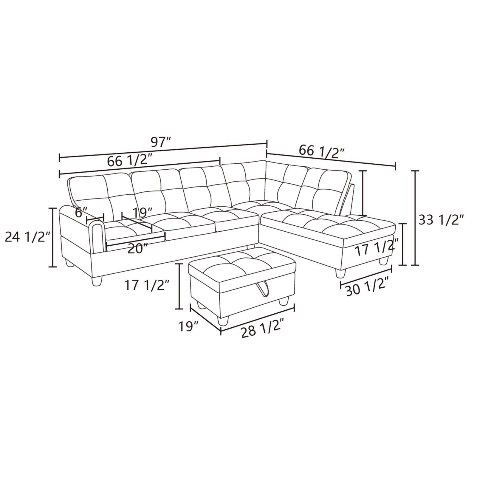 Diagram of a tufted sectional sofa with ottoman and dimensions