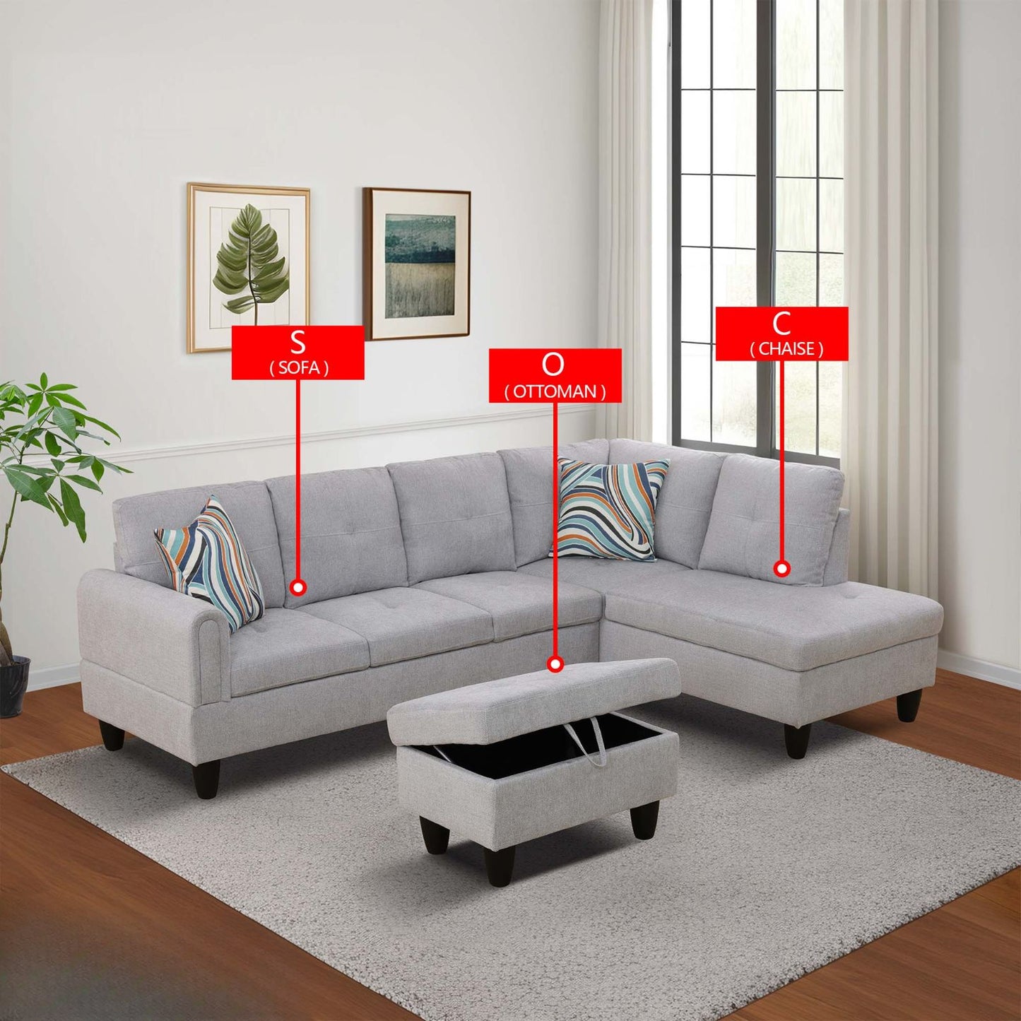 Light gray sectional sofa with storage ottoman