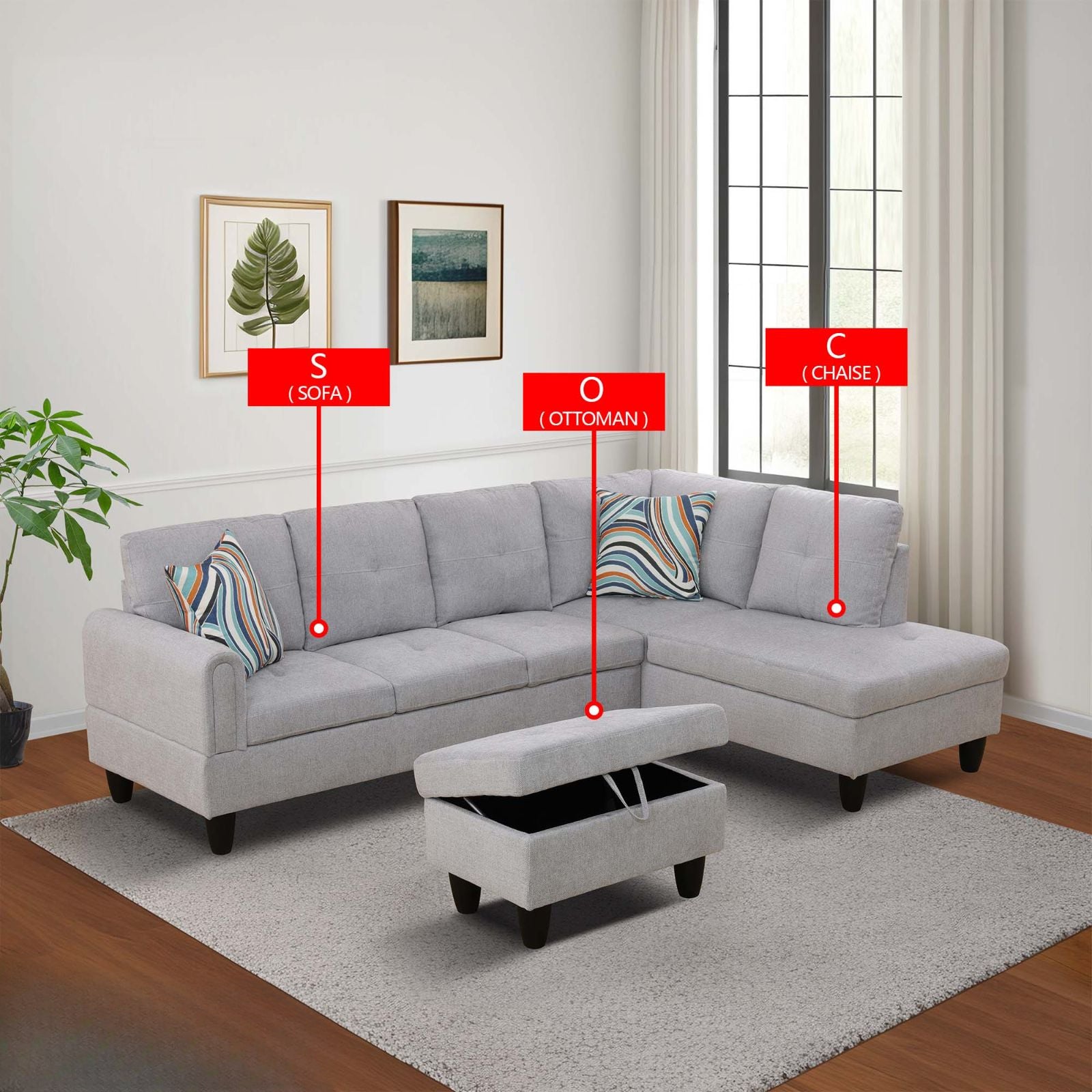 Light gray sectional sofa with storage ottoman