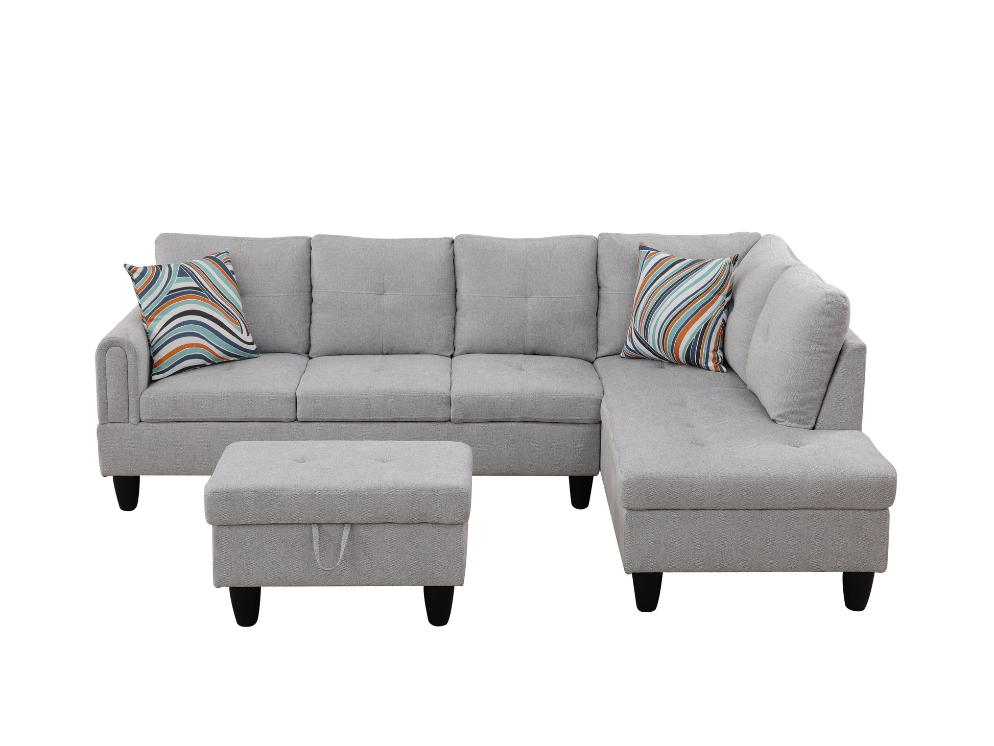 Gray linen fabric sectional sofa with storage ottoman