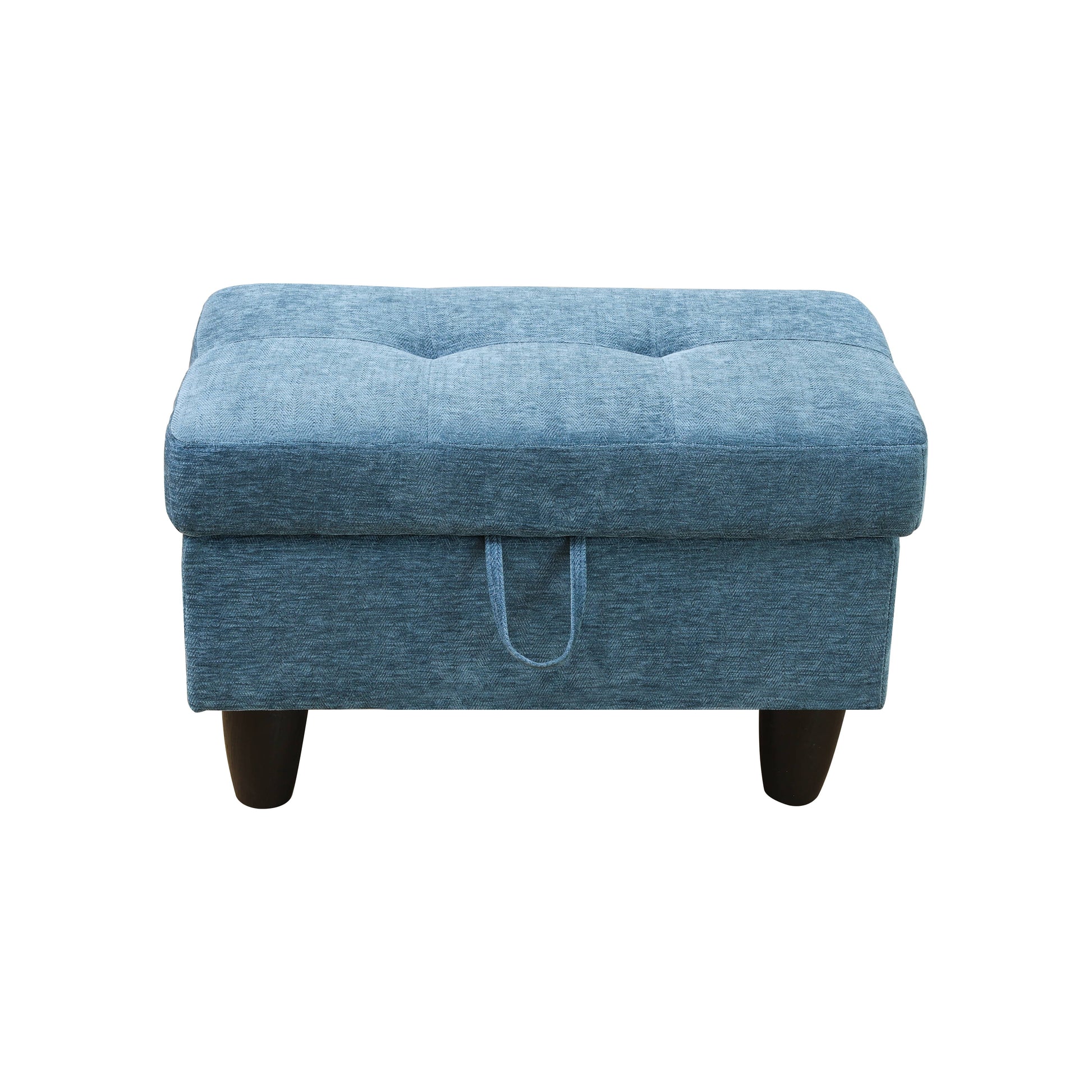Blue tufted storage ottoman with dark wood legs and fabric loop pull for storage
