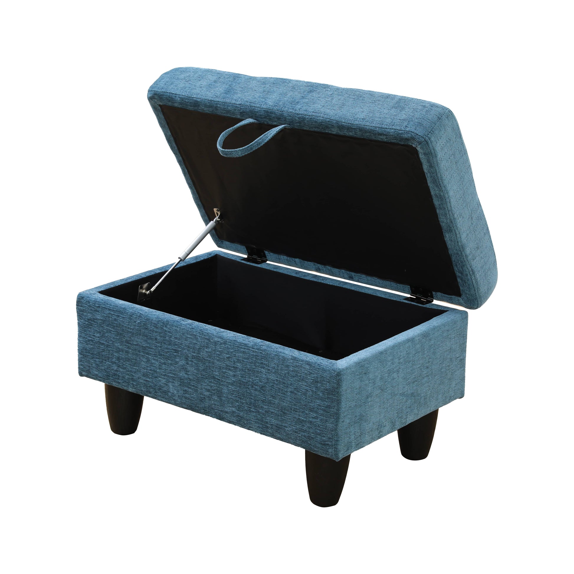 Blue fabric storage ottoman with open lid and internal storage compartment
