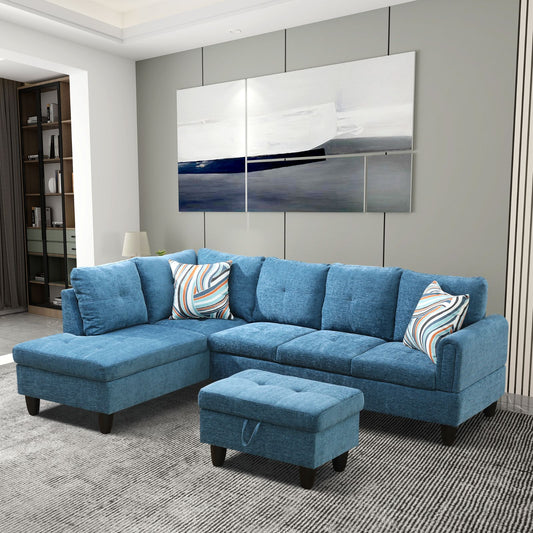 Blue fabric sectional sofa with tufted cushions and storage ottoman