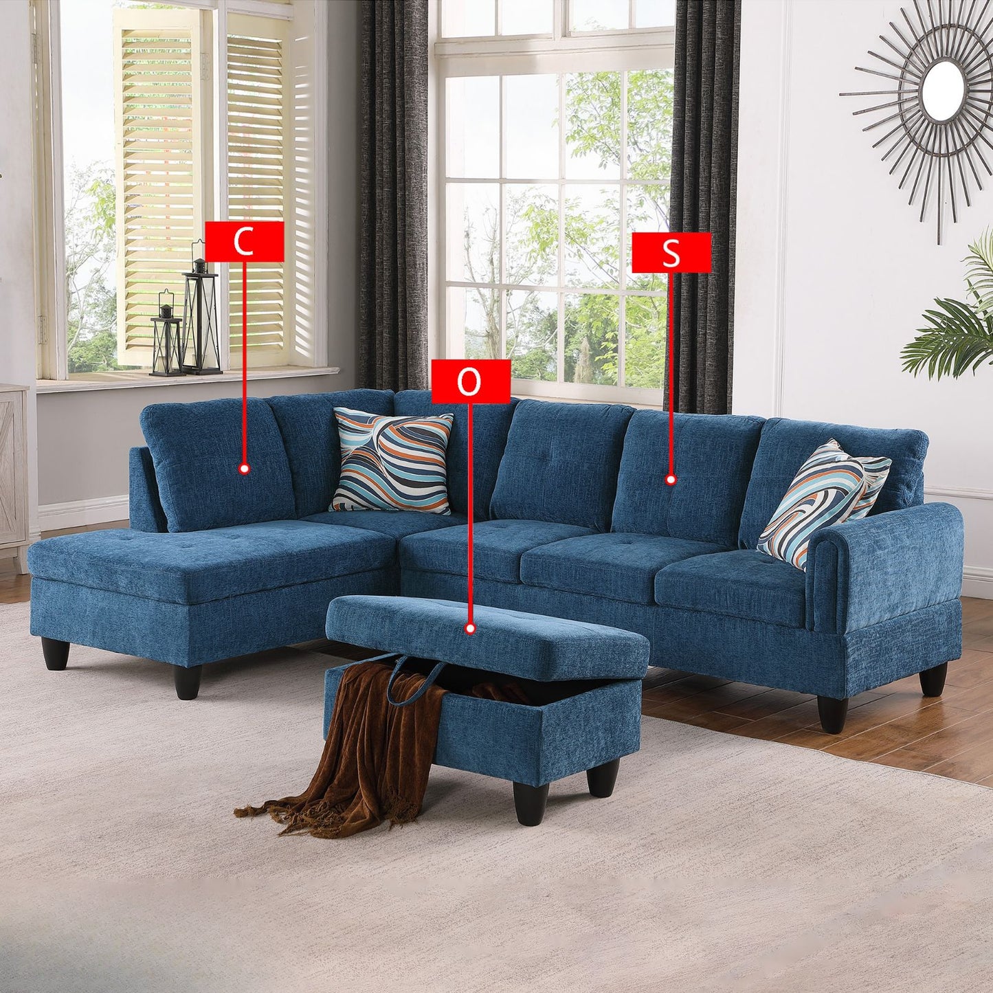 Blue sectional sofa with chaise and storage ottoman