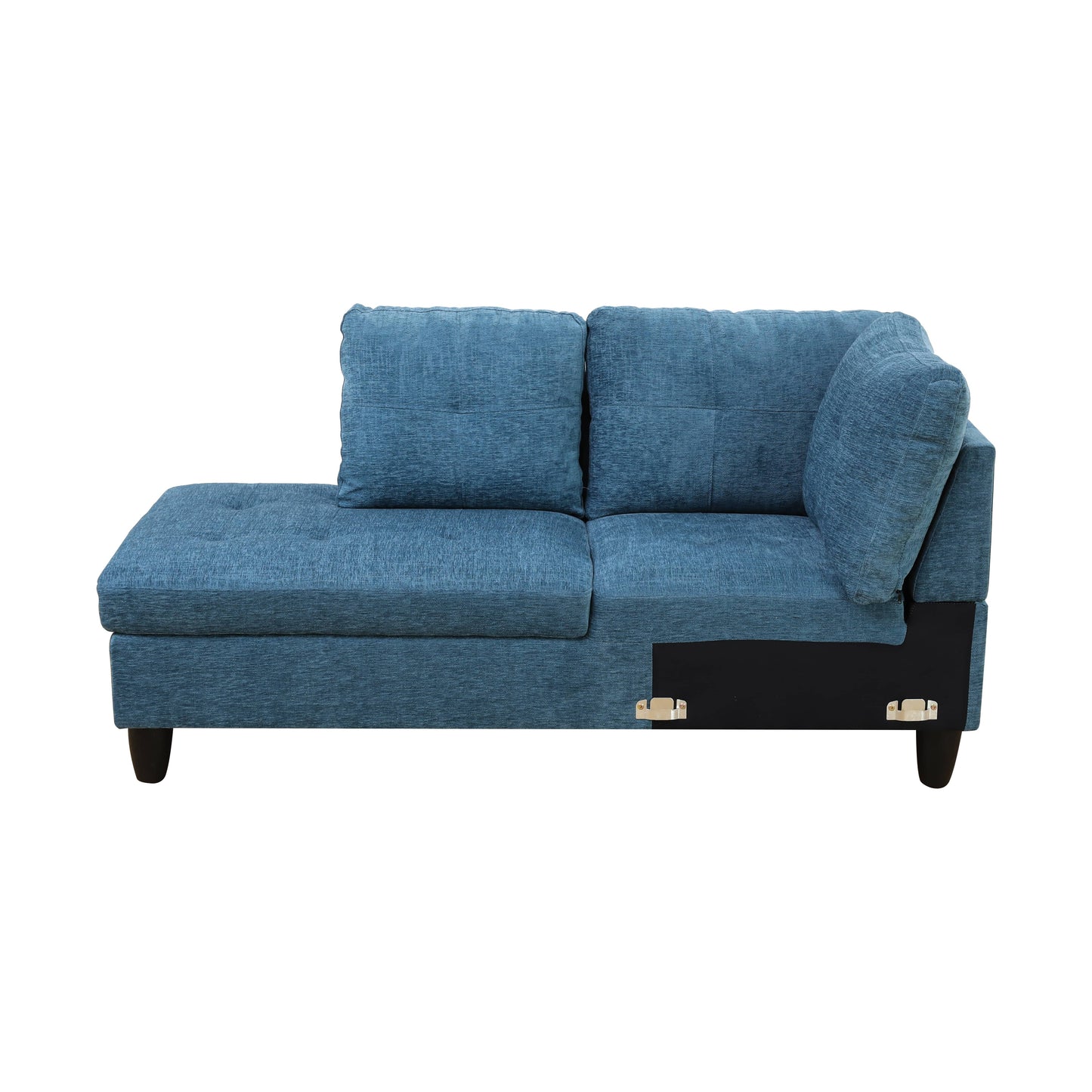 Blue textured fabric sectional sofa with tufted chaise and accent pillows