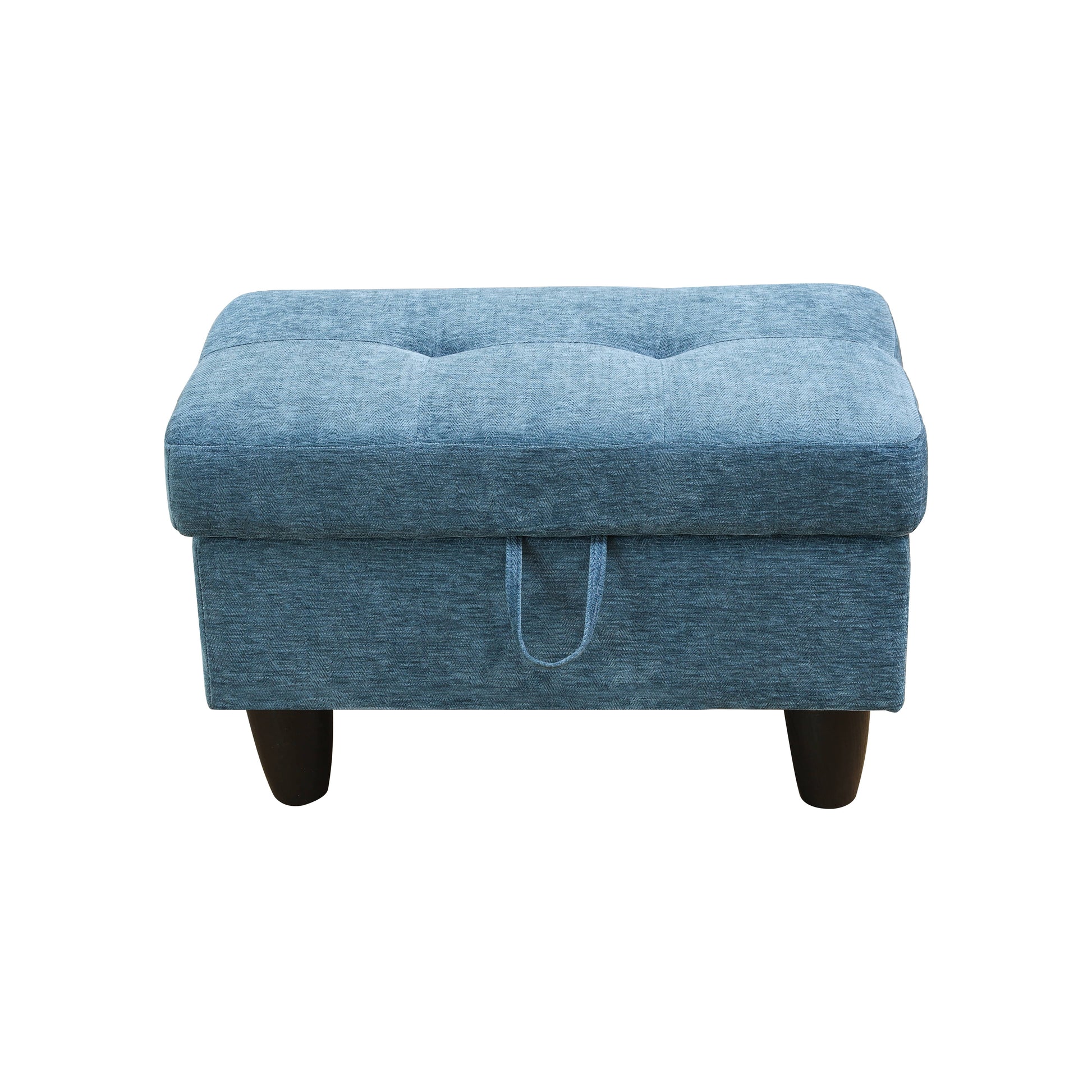 Blue tufted storage ottoman with dark wooden legs