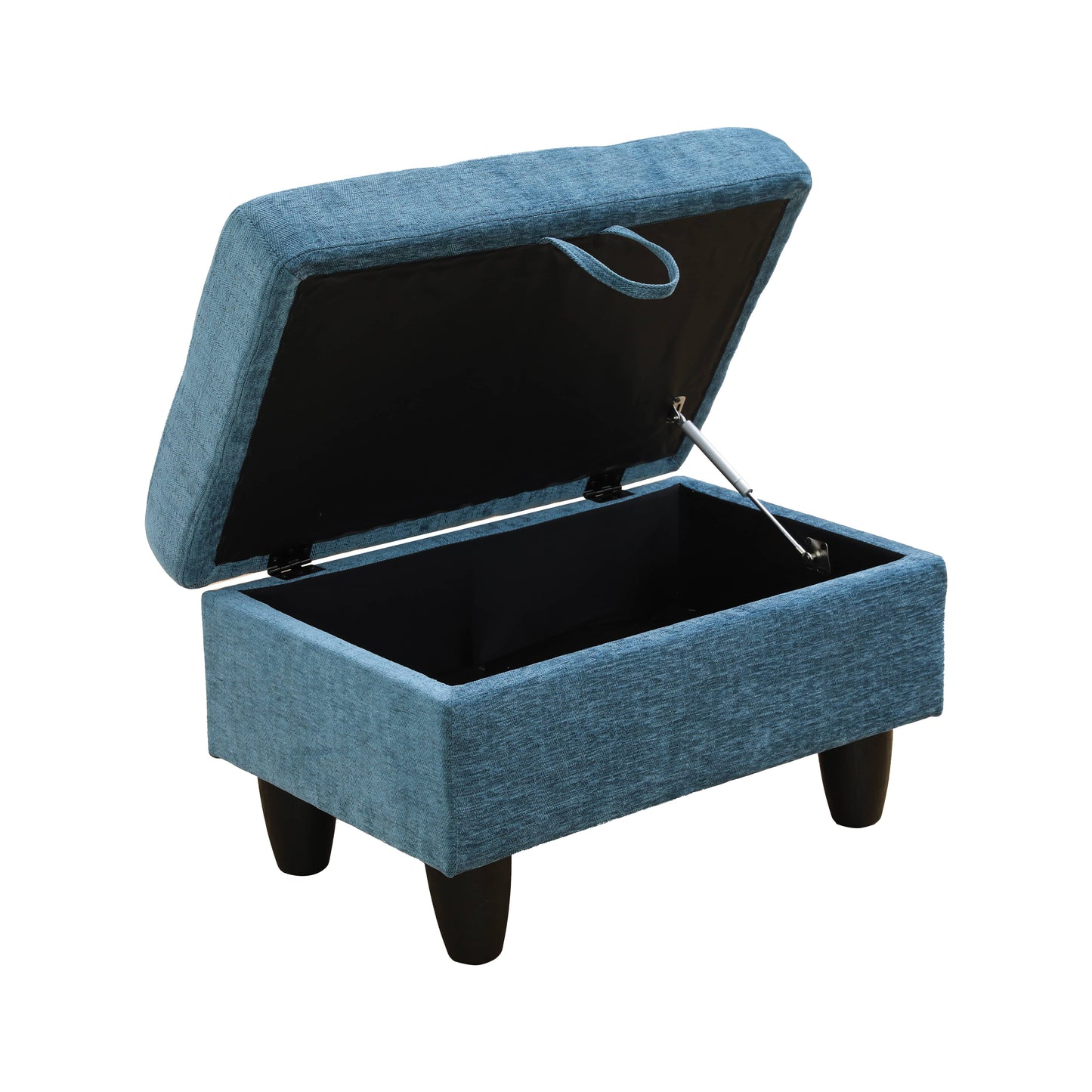 Blue fabric storage ottoman with open lid revealing black interior