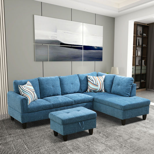 Blue sectional sofa with chaise and ottoman