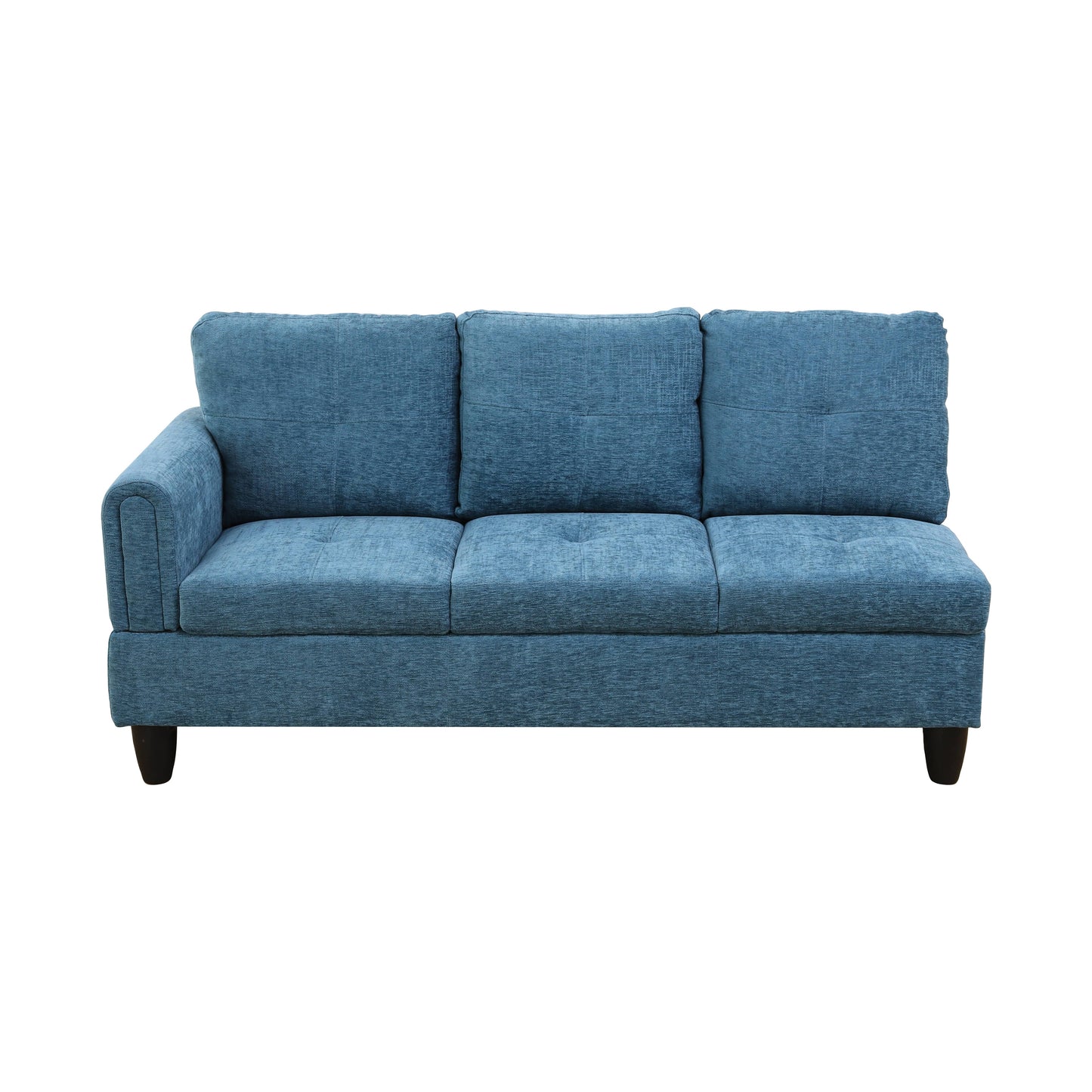 Teal upholstered sofa with tufted cushions and a rolled arm