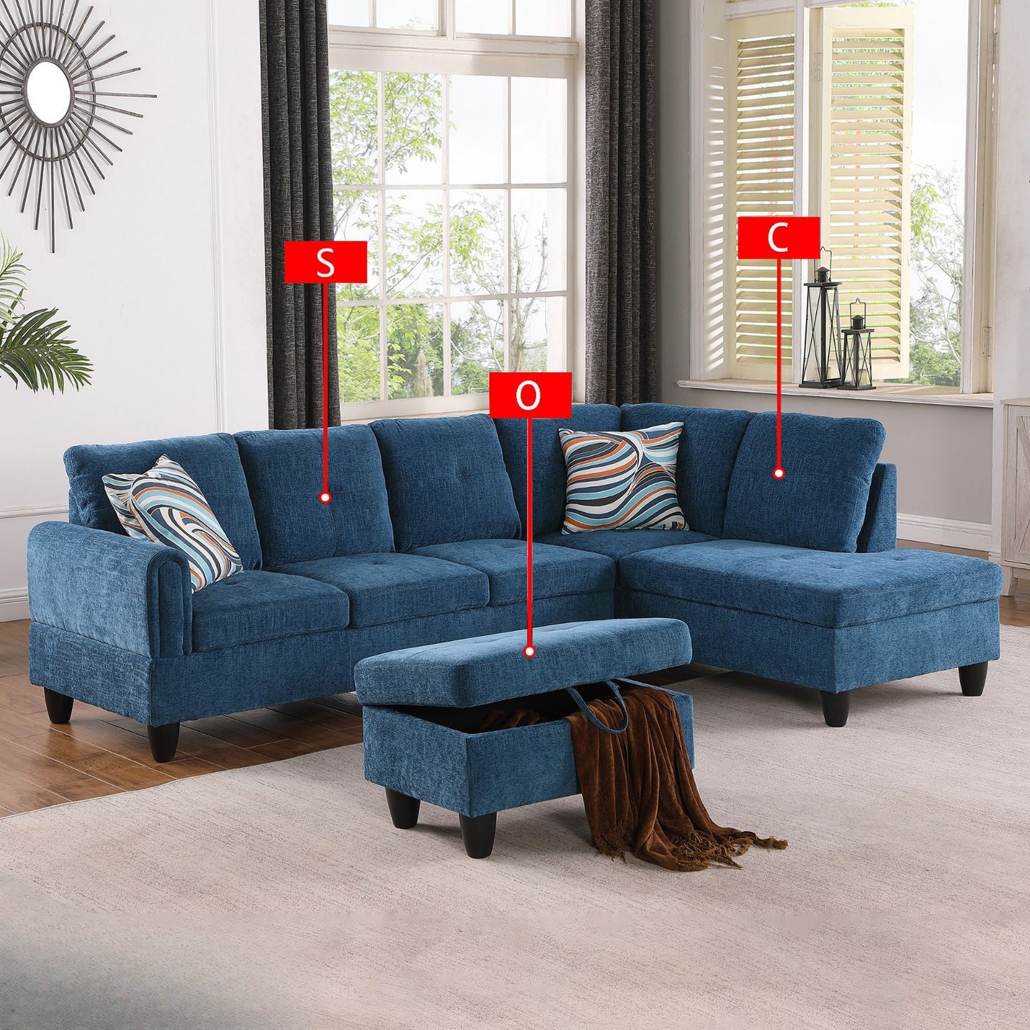 Blue fabric sectional sofa with storage ottoman and decorative pillows