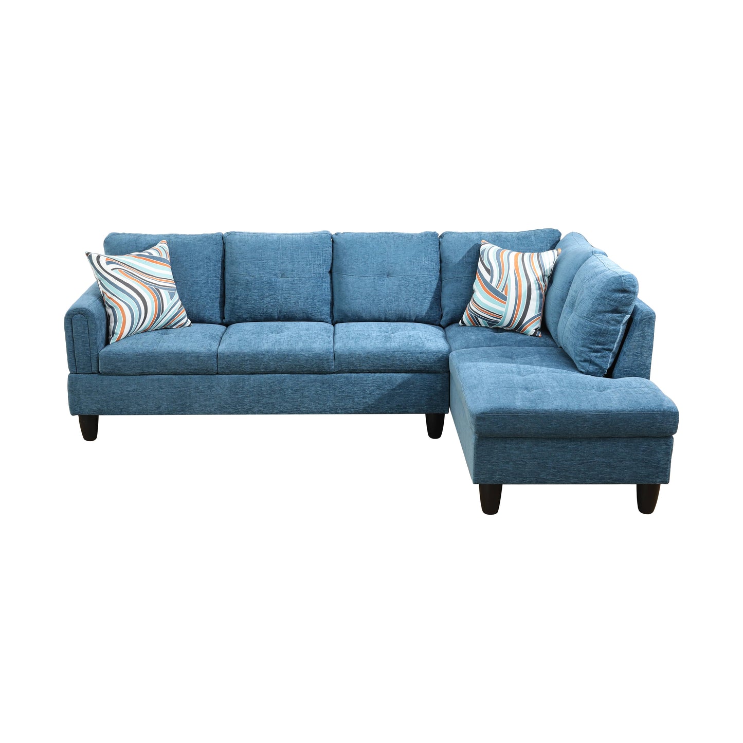 Blue textured fabric sectional sofa with decorative pillows for living room comfort