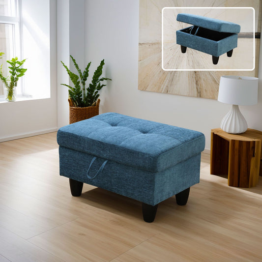 Blue tufted storage ottoman with black legs