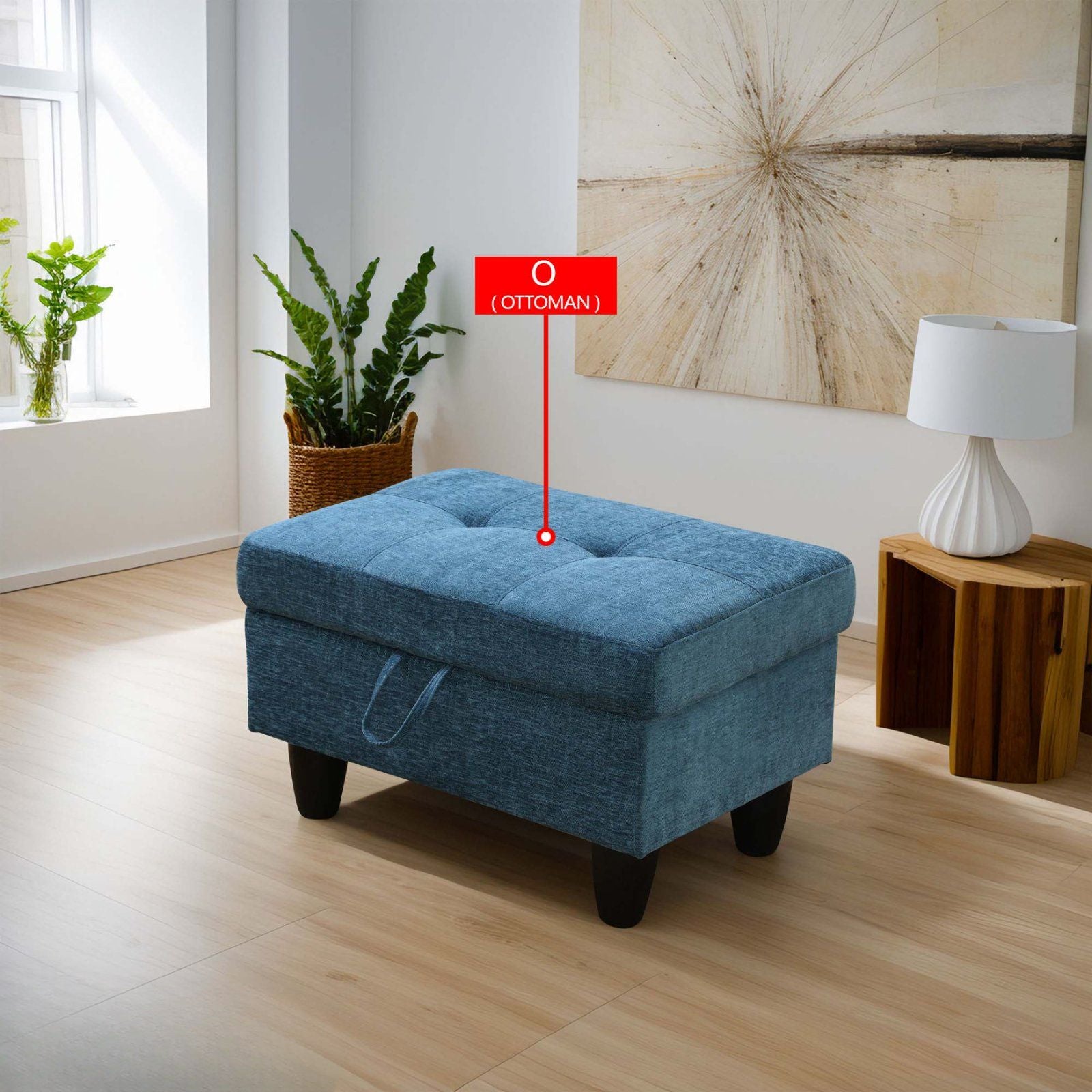 Tufted blue fabric storage ottoman with black legs