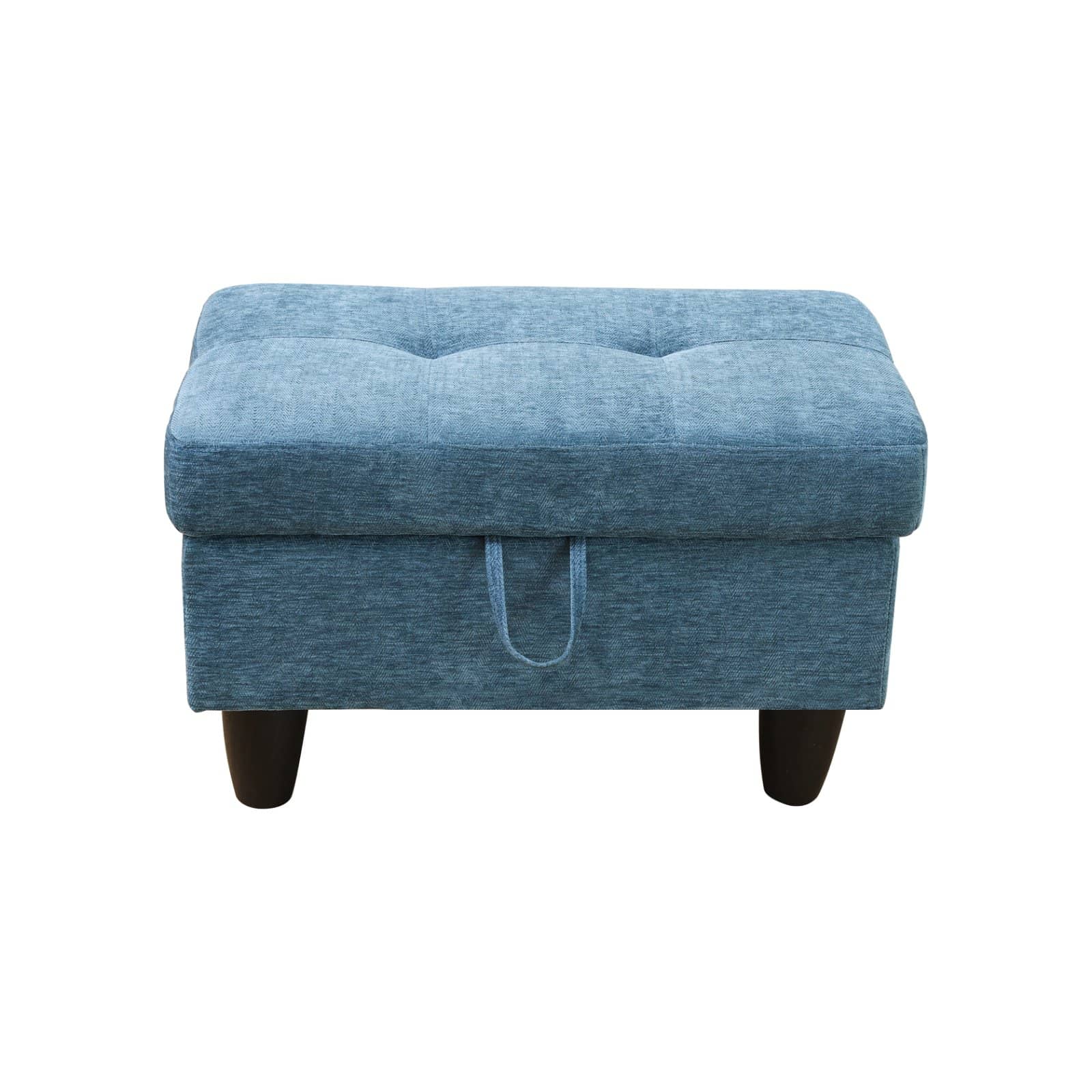Blue tufted storage ottoman with dark wooden legs and easylift handle