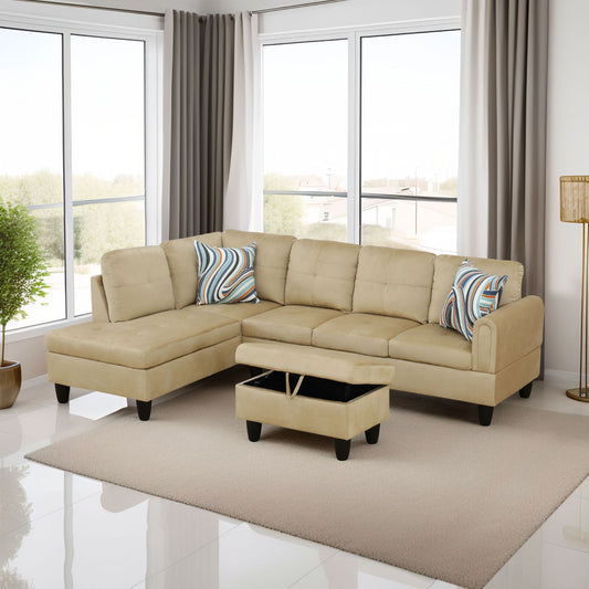 Tan suede sectional sofa with storage ottoman and striped accent pillows