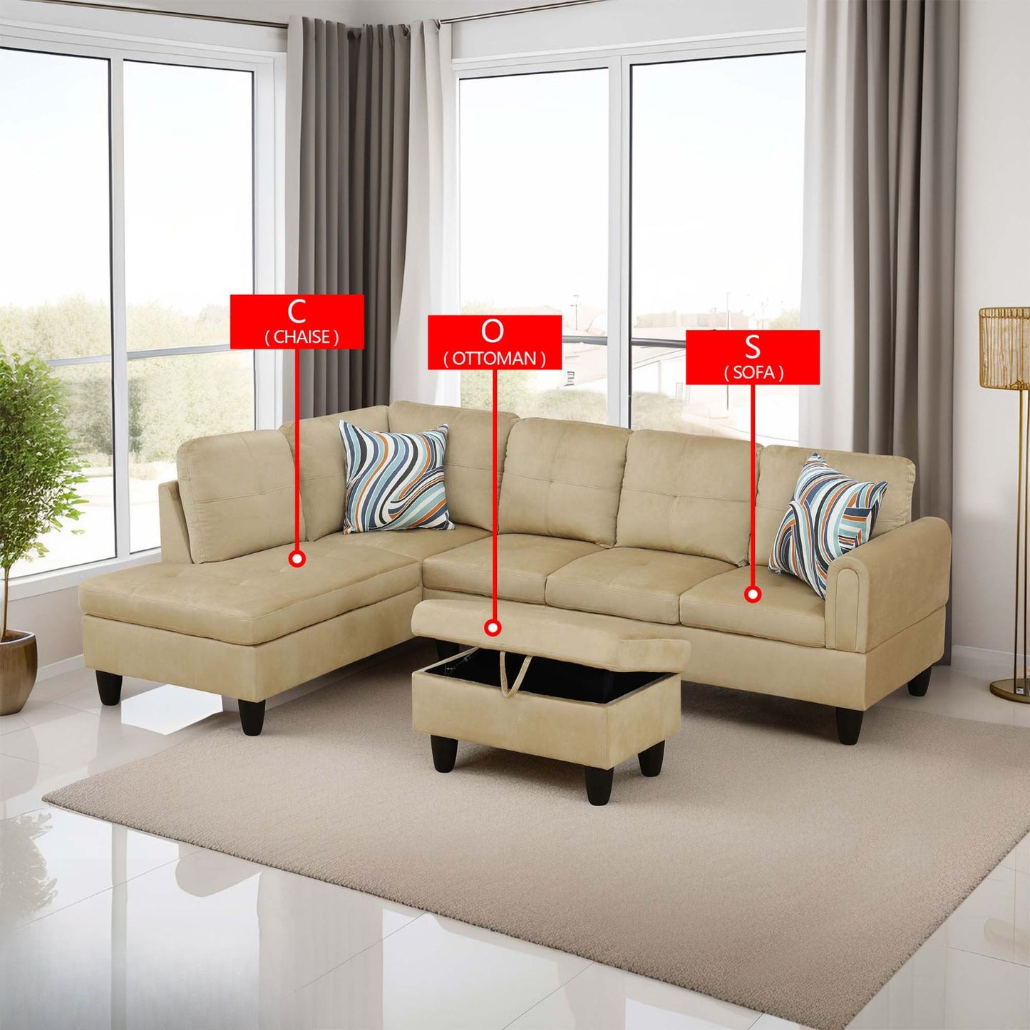 Tan microfiber sectional sofa with storage ottoman