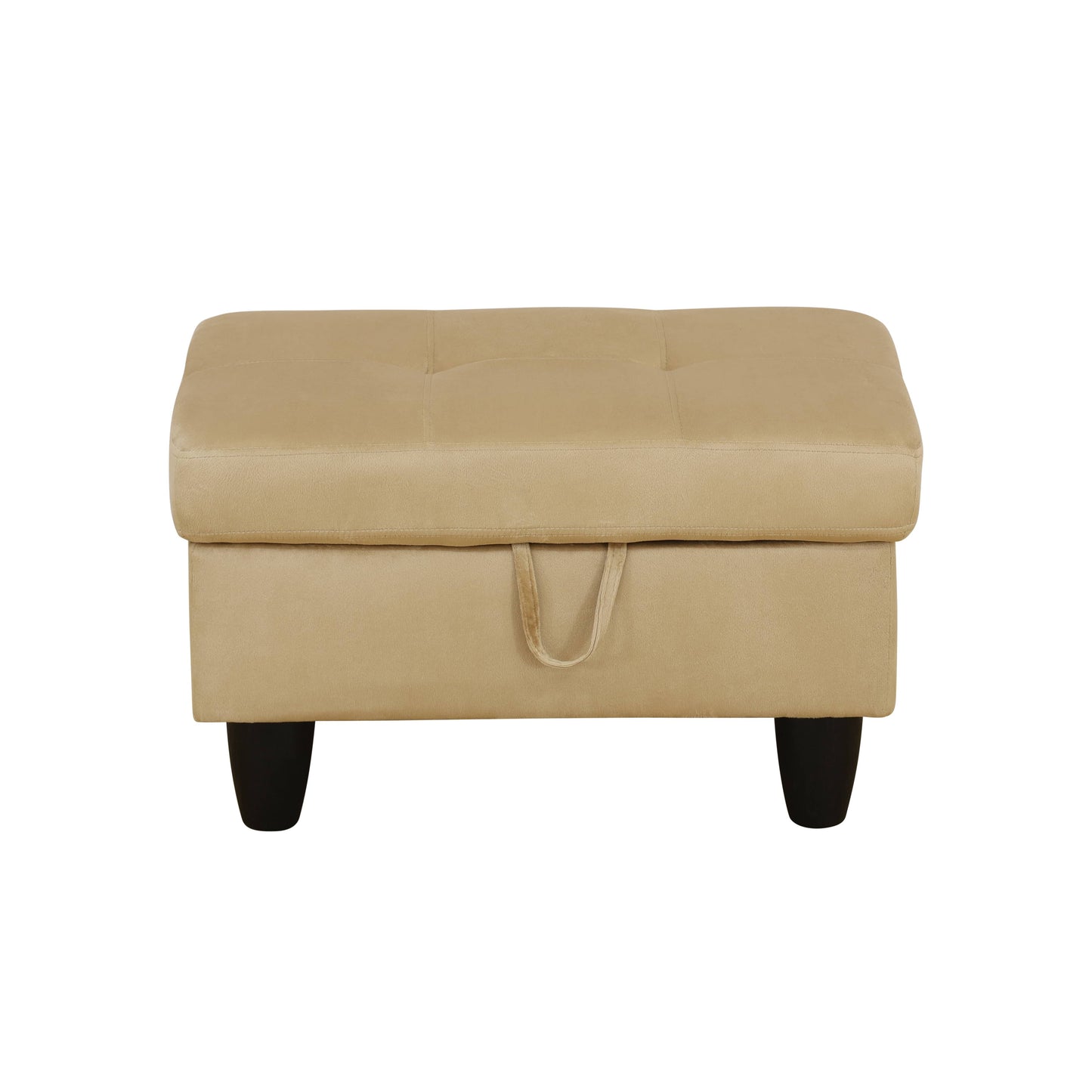 Beige tufted storage ottoman with black legs and a fabric pull tab