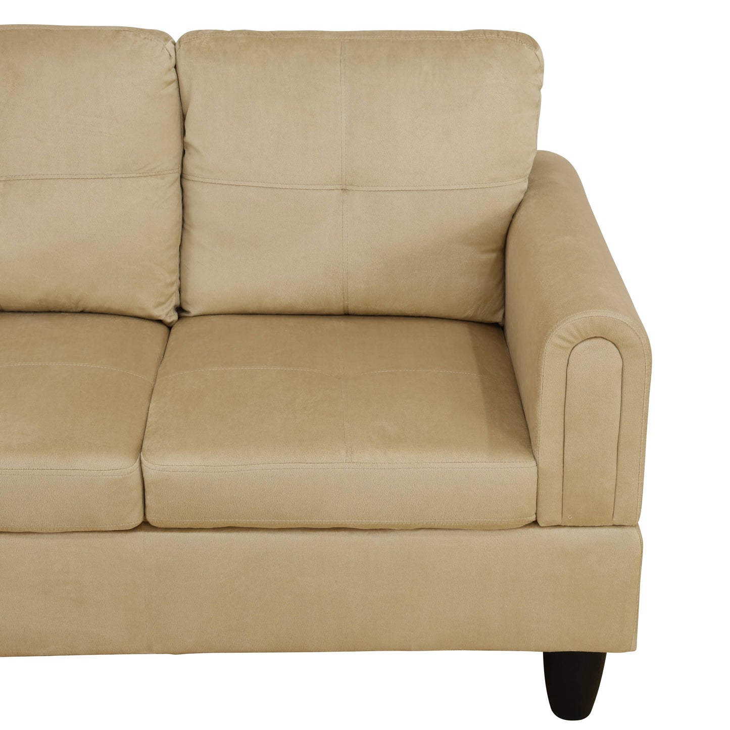Light beige microfiber sofa with plush cushions and tufted details