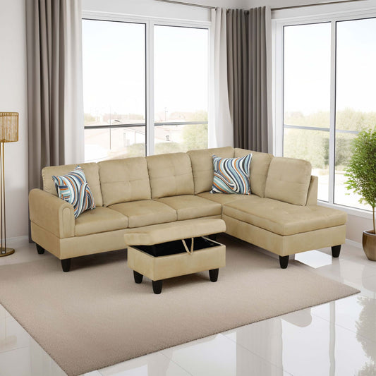 Tan fabric sectional sofa with chaise and storage ottoman
