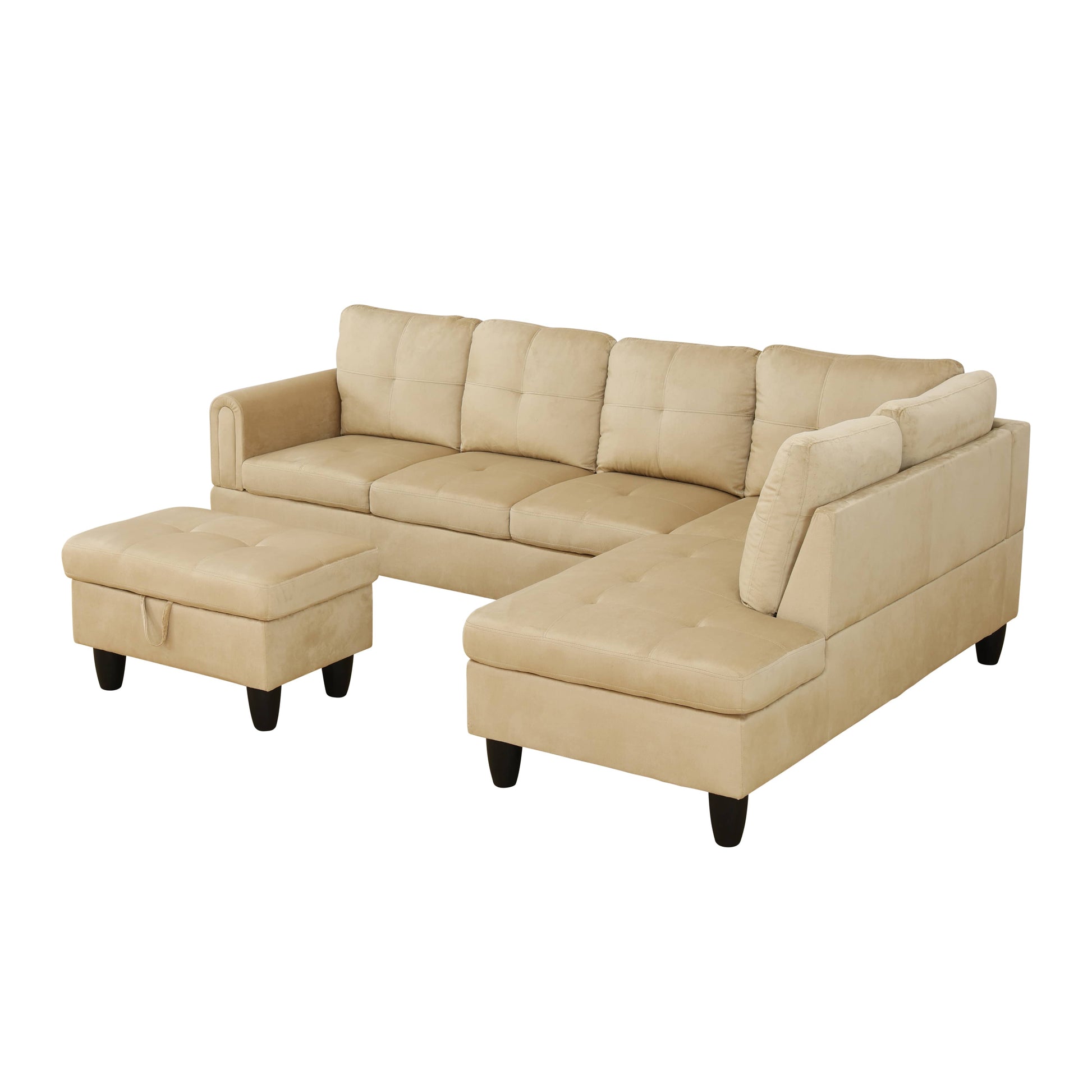 Beige tufted sectional sofa with chaise and storage ottoman