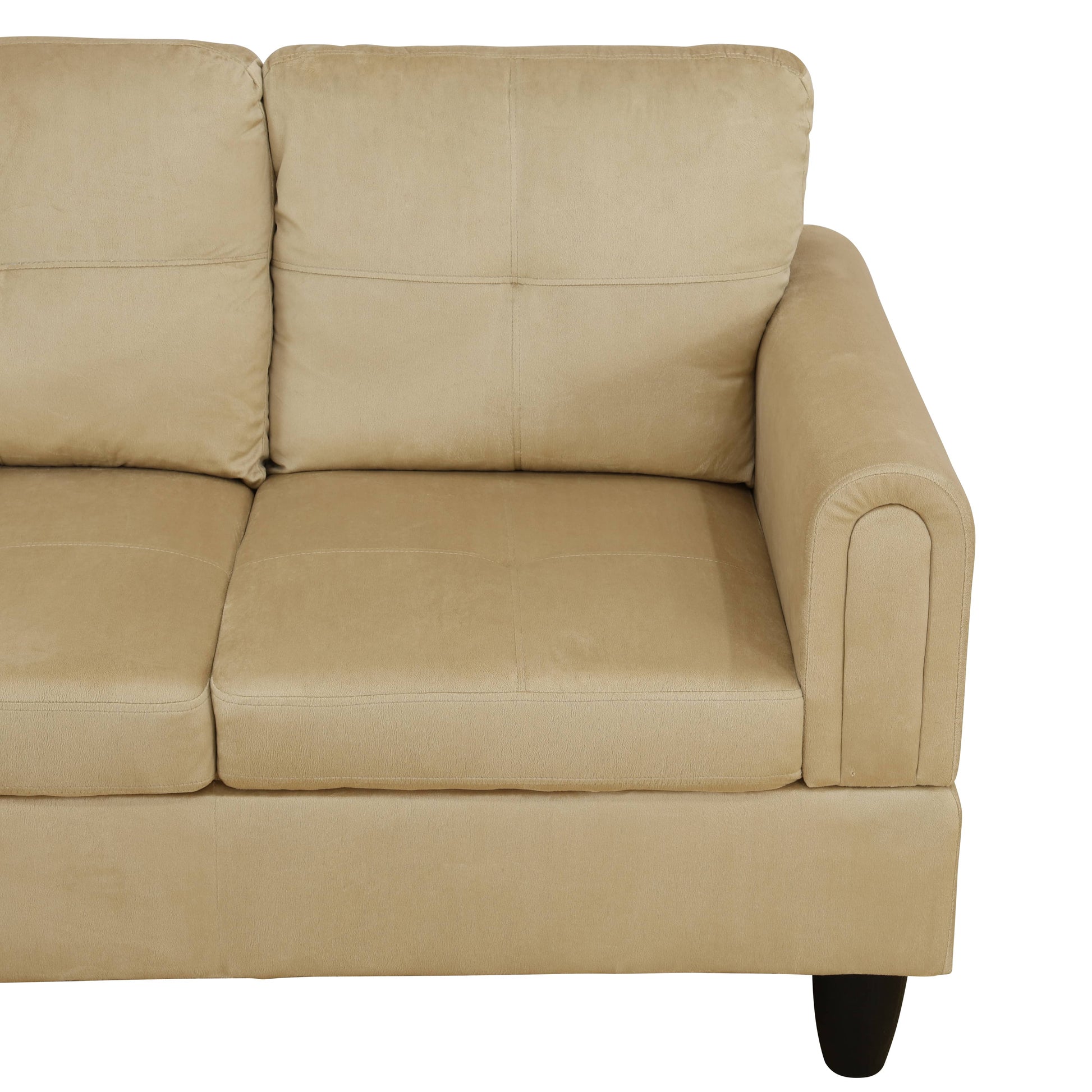 Tan microfiber sectional sofa with tufted cushions