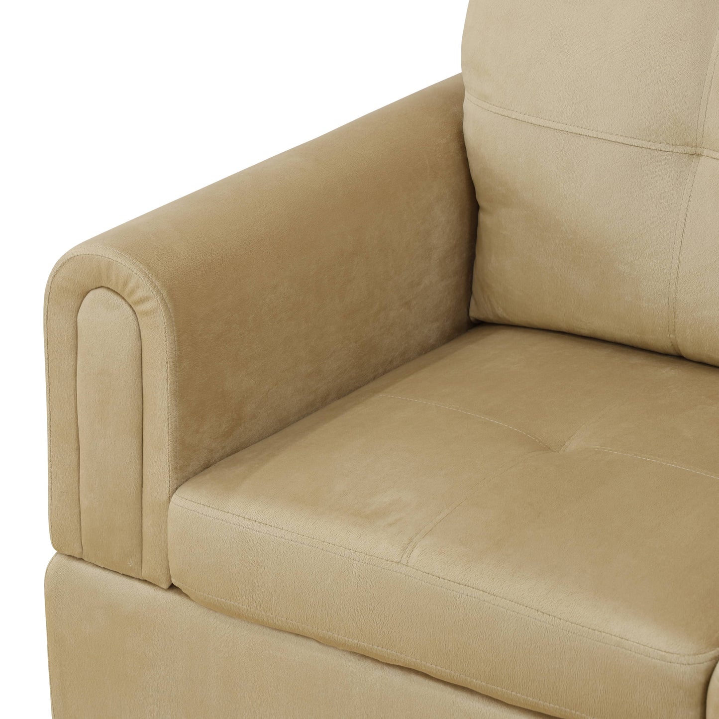 Tan velvet sofa armrest with rounded detail and stitched seat cushion