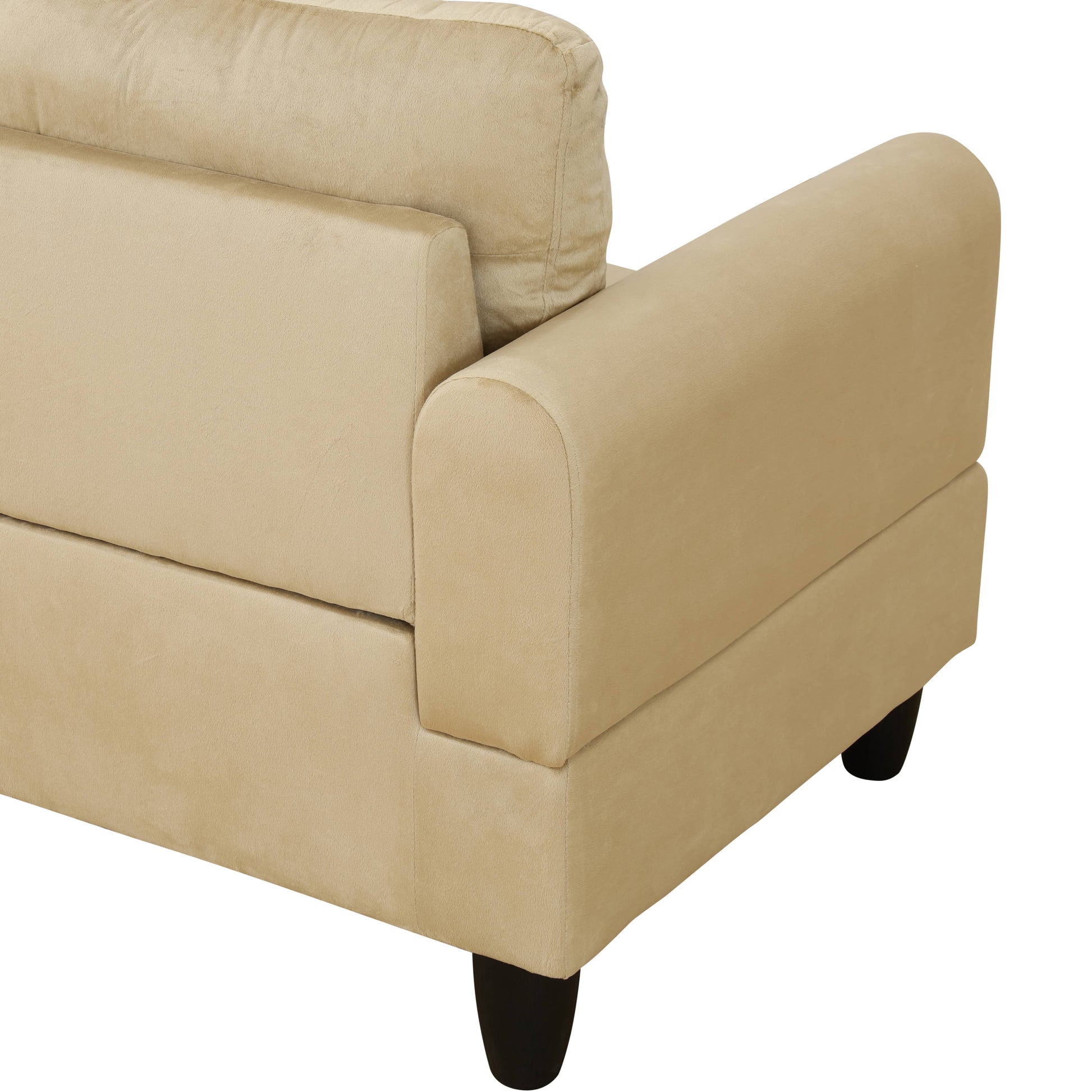 Beige velvet sectional sofa armrest detail