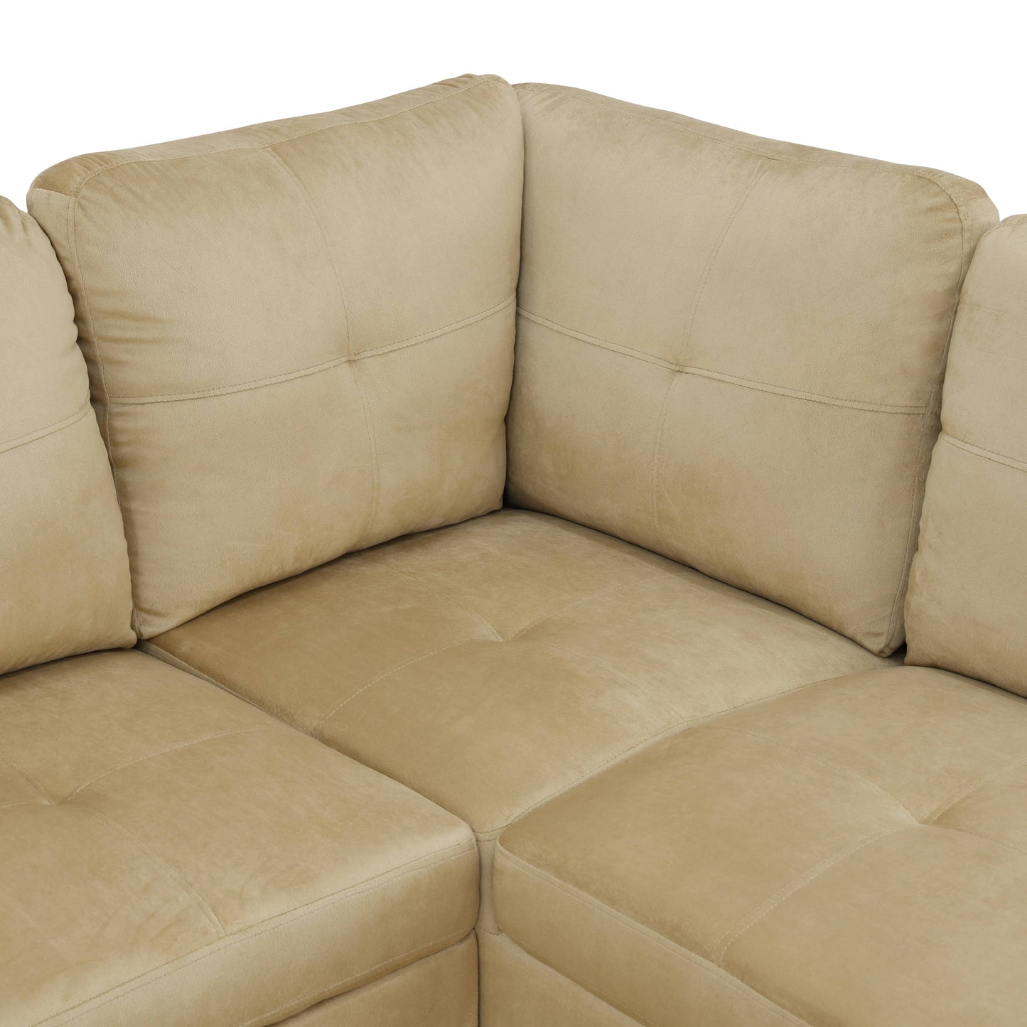 Beige suede sectional sofa with diamond tufting