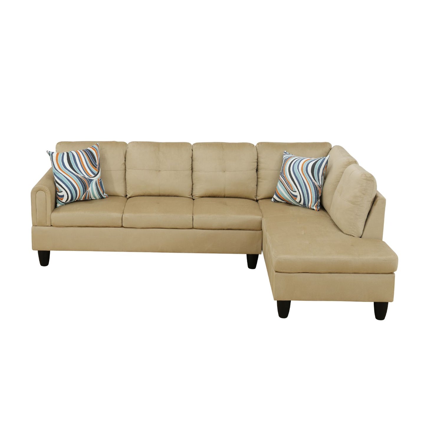 Tan suede sectional sofa with decorative pillows