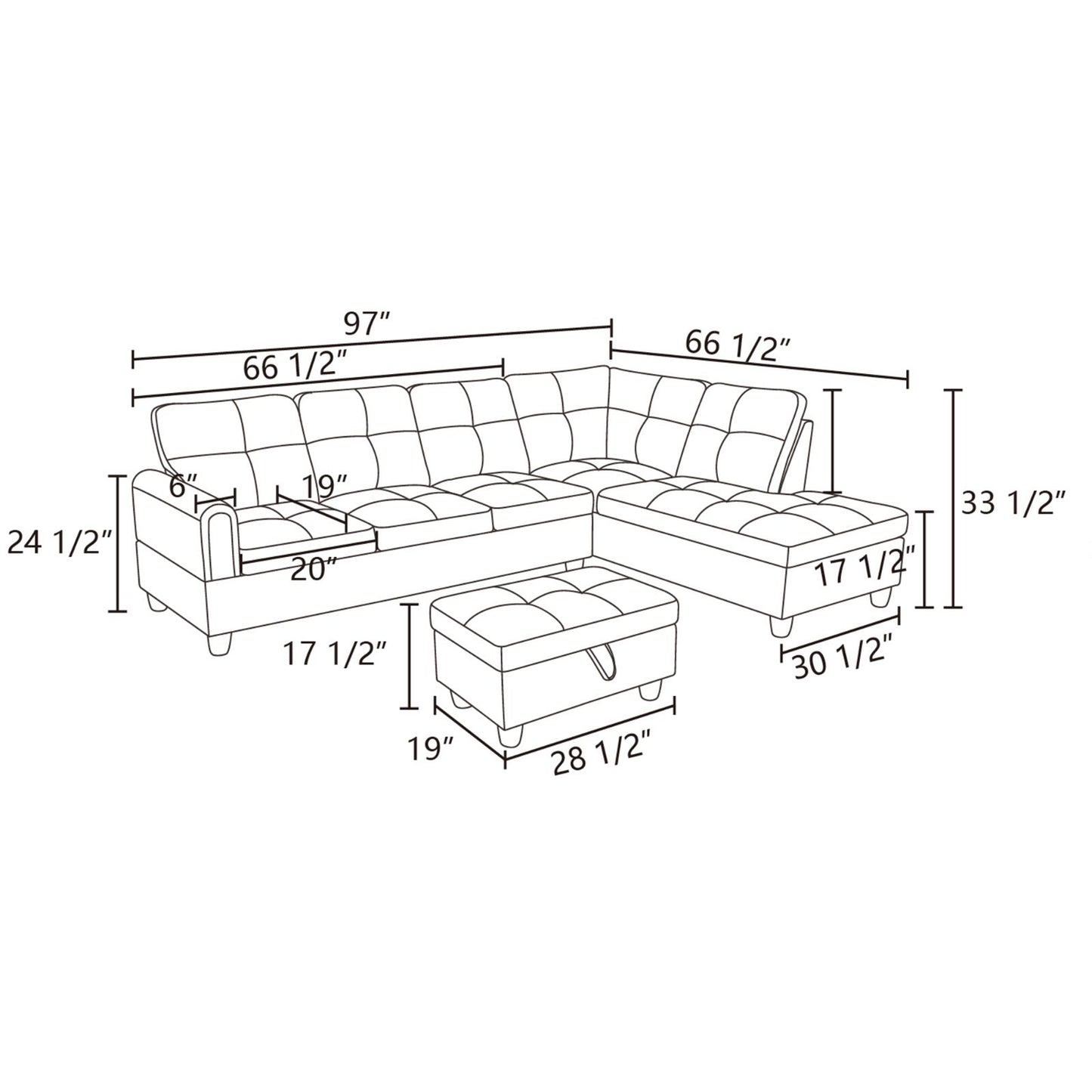 Sectional sofa with tufted cushions and included storage ottoman