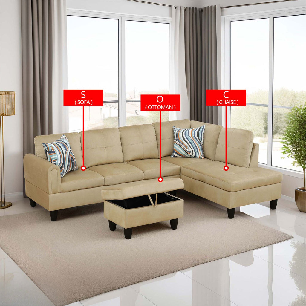 Tan sectional sofa with storage ottoman and patterned throw pillows