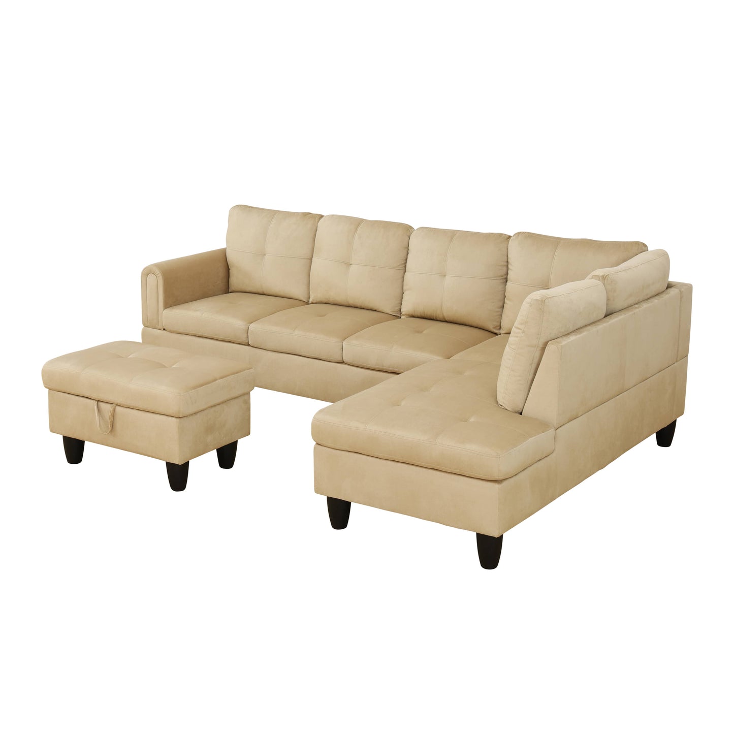 Beige microfiber sectional sofa with tufted cushions and matching storage ottoman