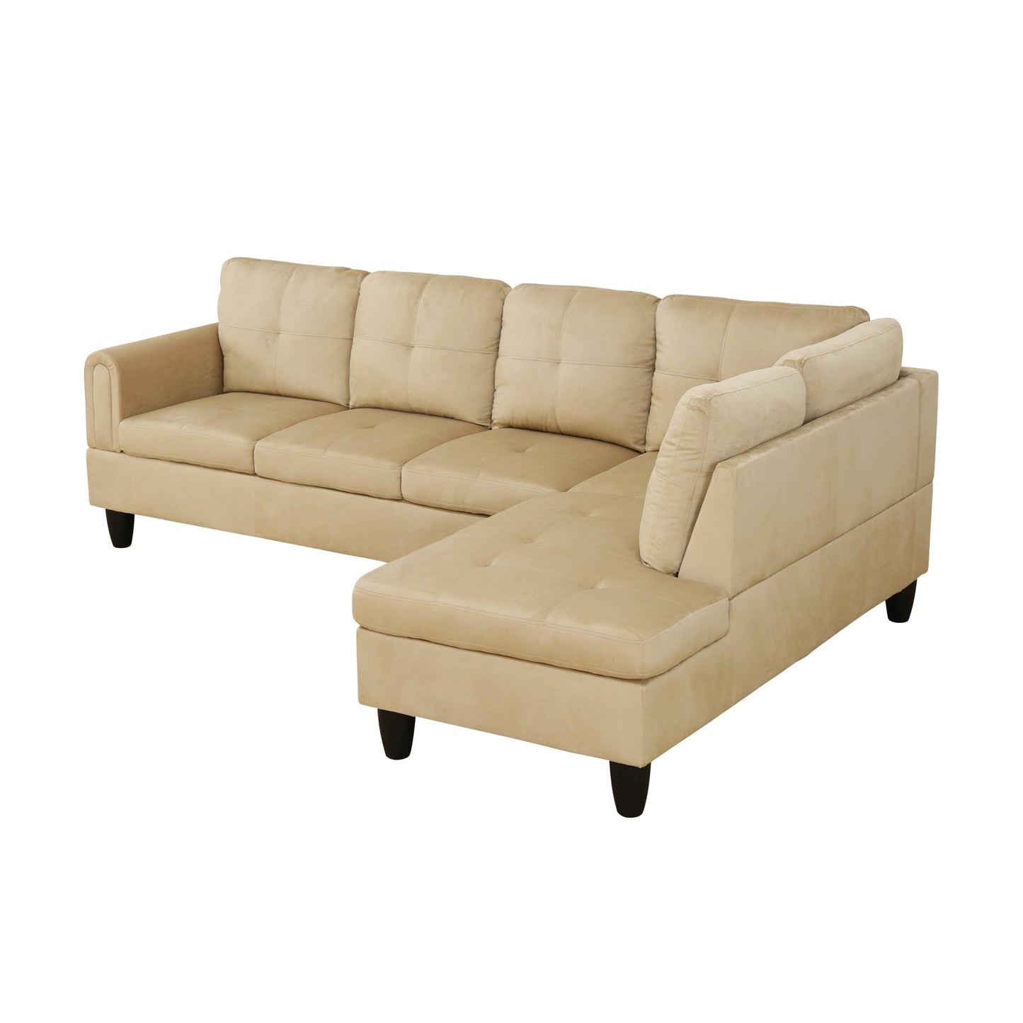 Beige suede Lshaped sectional sofa with tufted cushions and dark wooden legs
