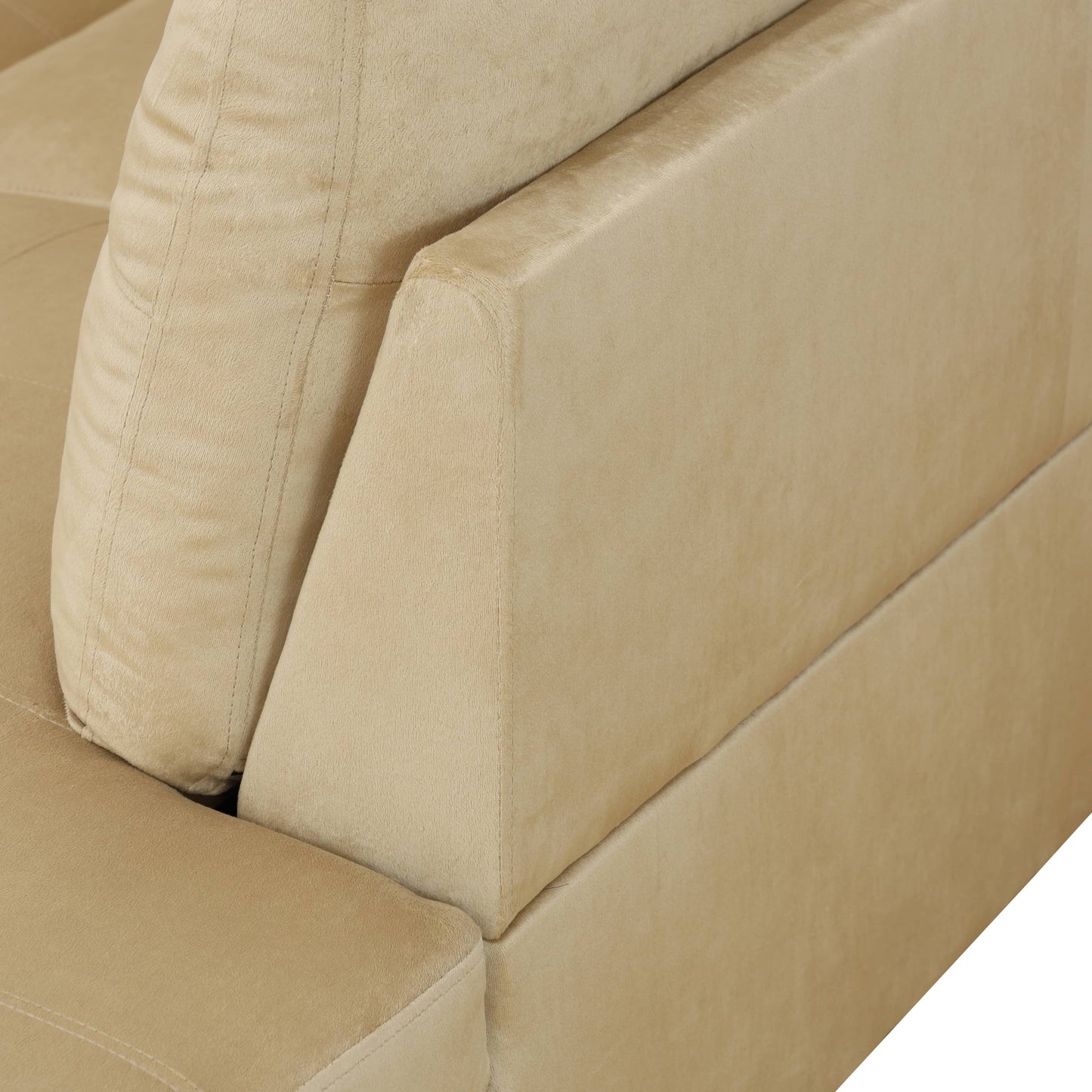 Closeup of beige suede couch armrest detail