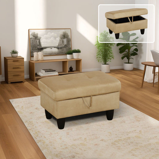 Beige velvet storage ottoman with tufted lid and dark wood legs