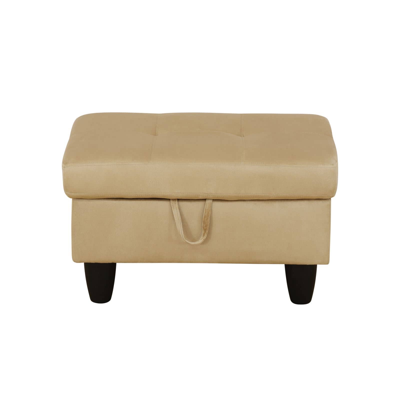 Beige velvet storage ottoman with tufted lid and Ushaped pull