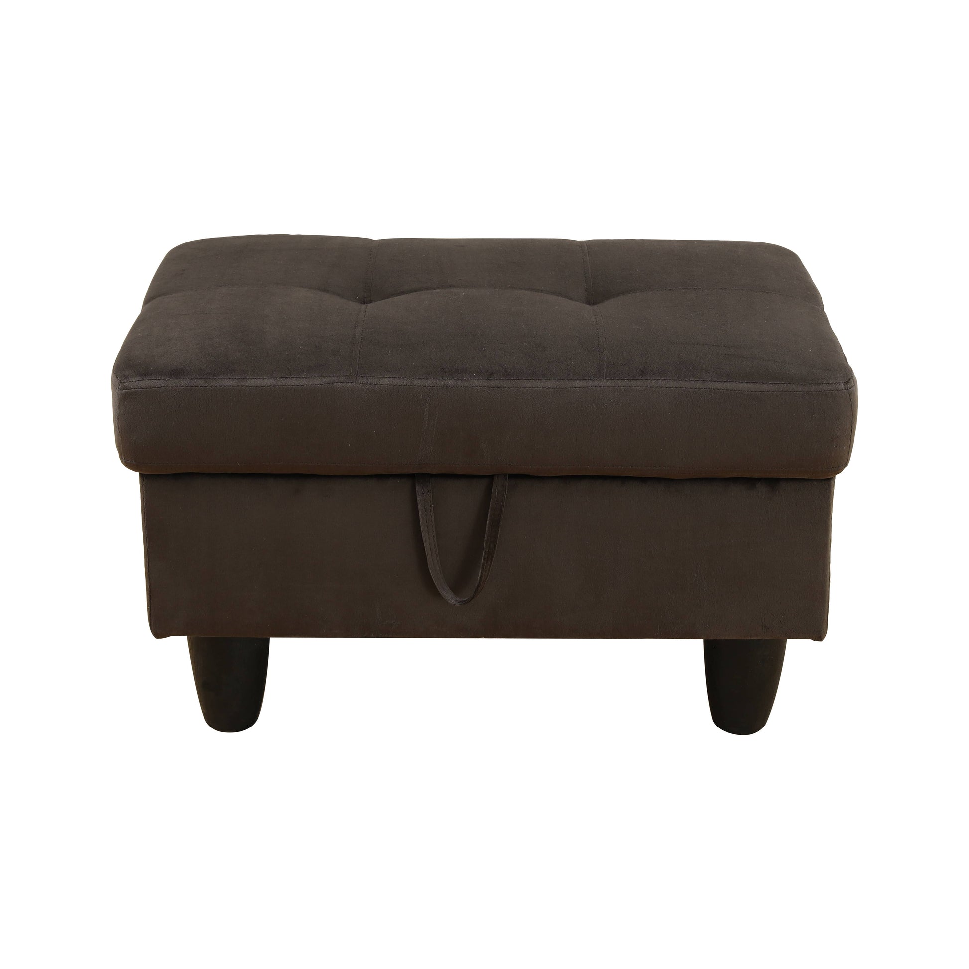 Dark brown fabric storage ottoman with tufted top and short tapered legs
