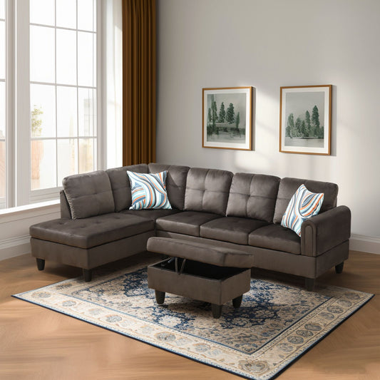 Plush charcoal sectional sofa with tufted cushions and storage ottoman