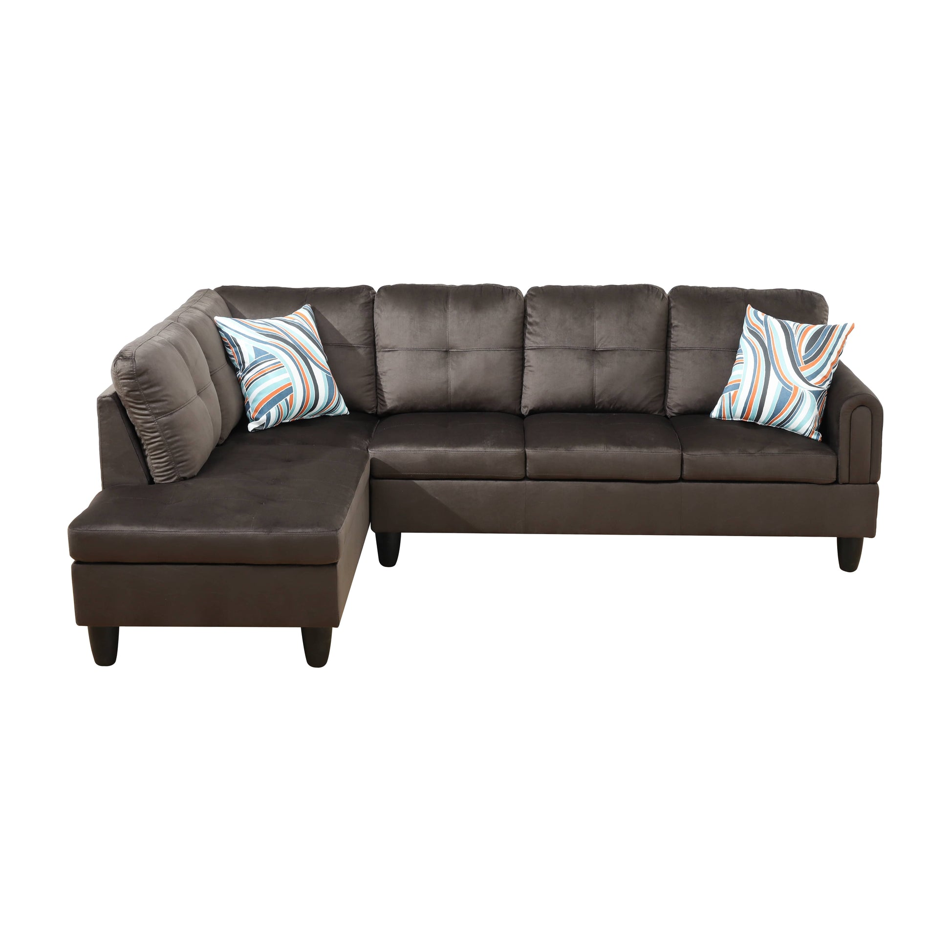 Dark brown velvet sectional sofa with chaise lounge and geometric print pillows
