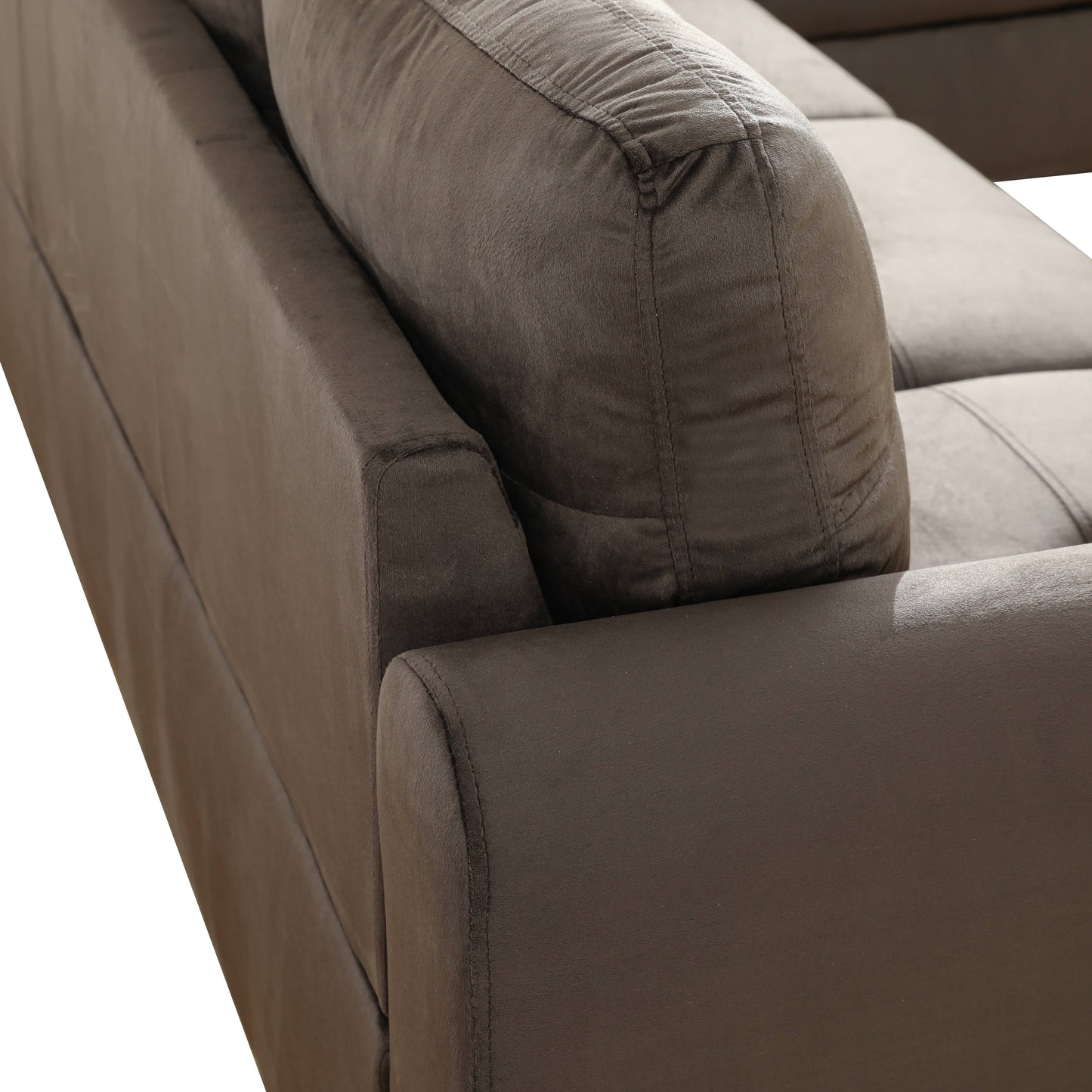 Dark brown fabric sofa armrest with detailed stitching