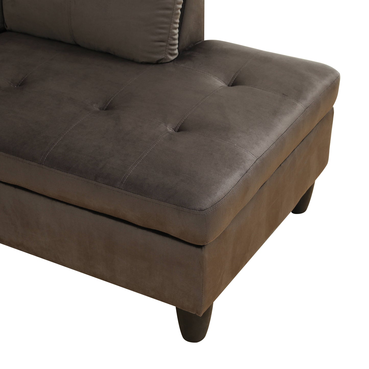 Tufted grey velvet chaise lounge armrest with supportive cushion
