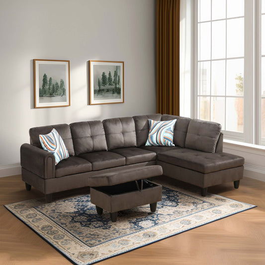 Dark brown tufted sectional sofa with storage ottoman