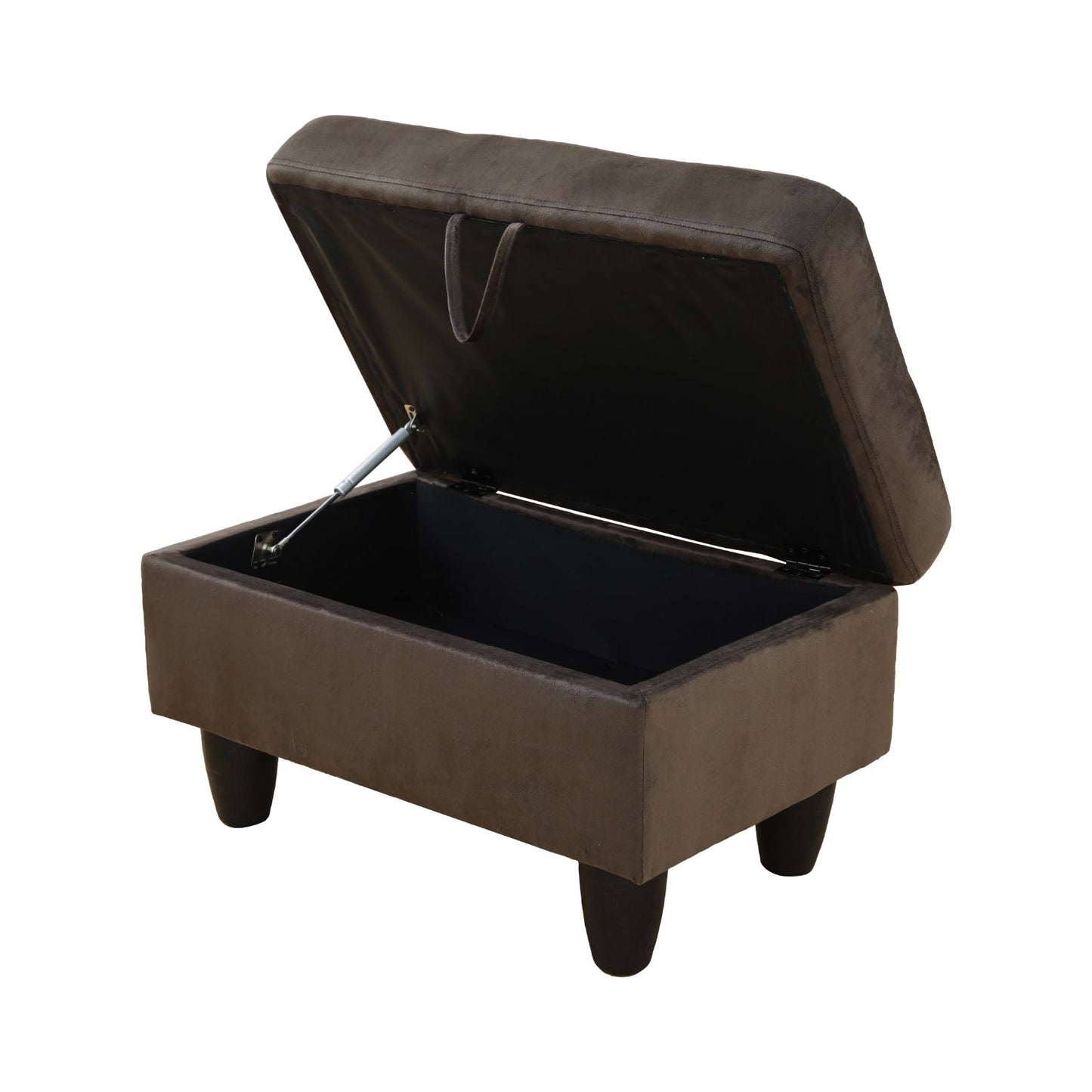 Brown velvet storage ottoman with hinged lid open