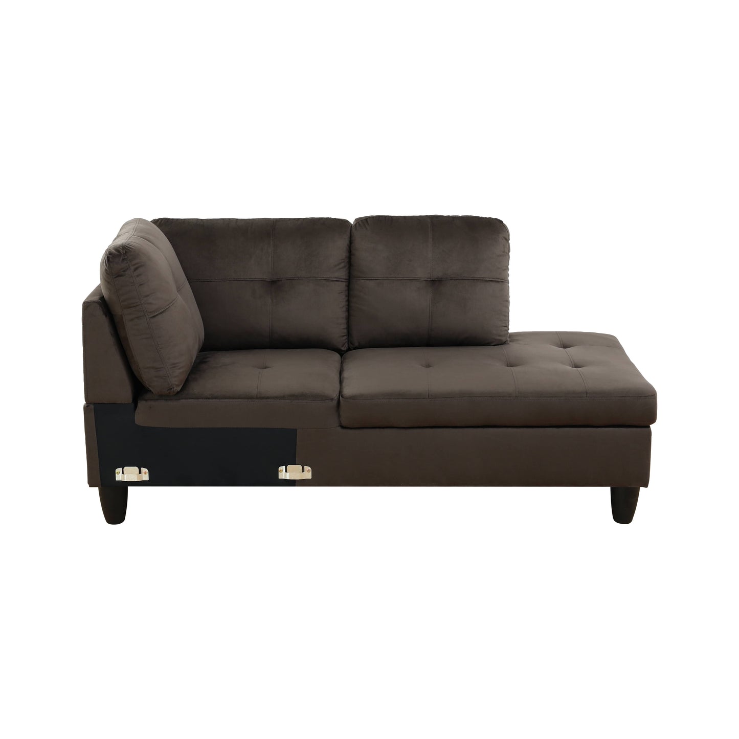 Dark brown velvet sectional sofa with tufted cushions and chaise lounge